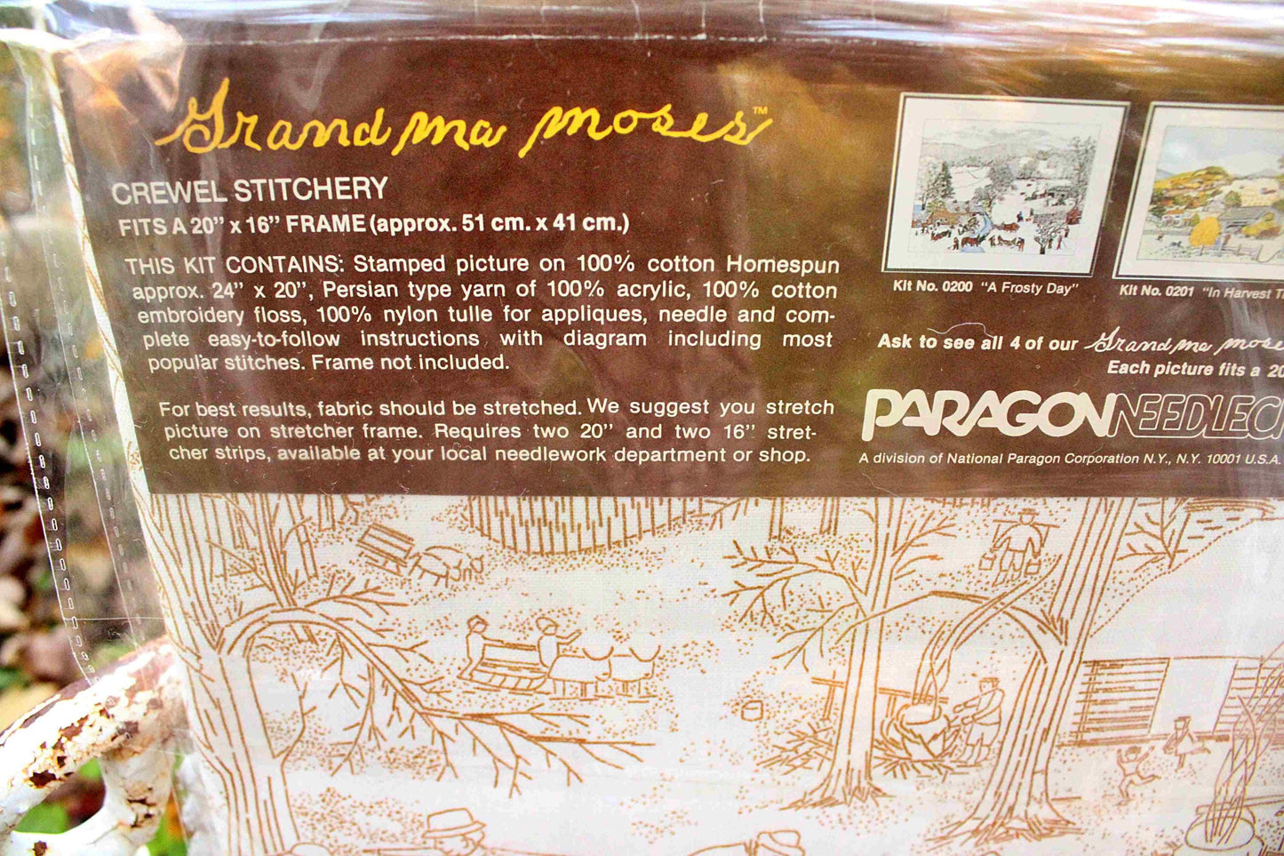 SUGARING OFF Crewel Stitchery Kit, Vintage Grandma Moses Design, Paragon Needlecraft Embroidery Kit # 0202 from 1983