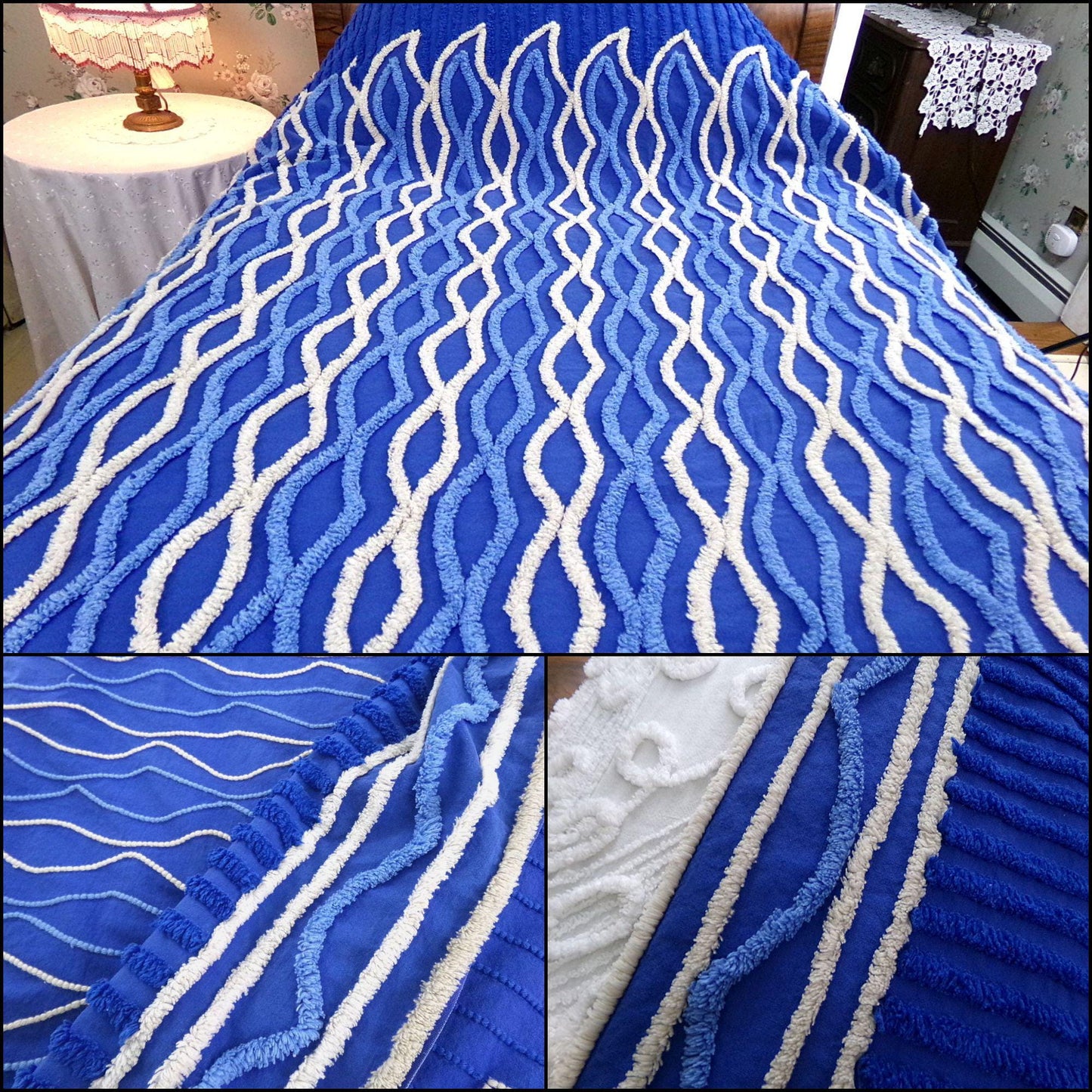 blue flame vintage chenille bedspread, dramatic unique geometric design, full size cotton bedding