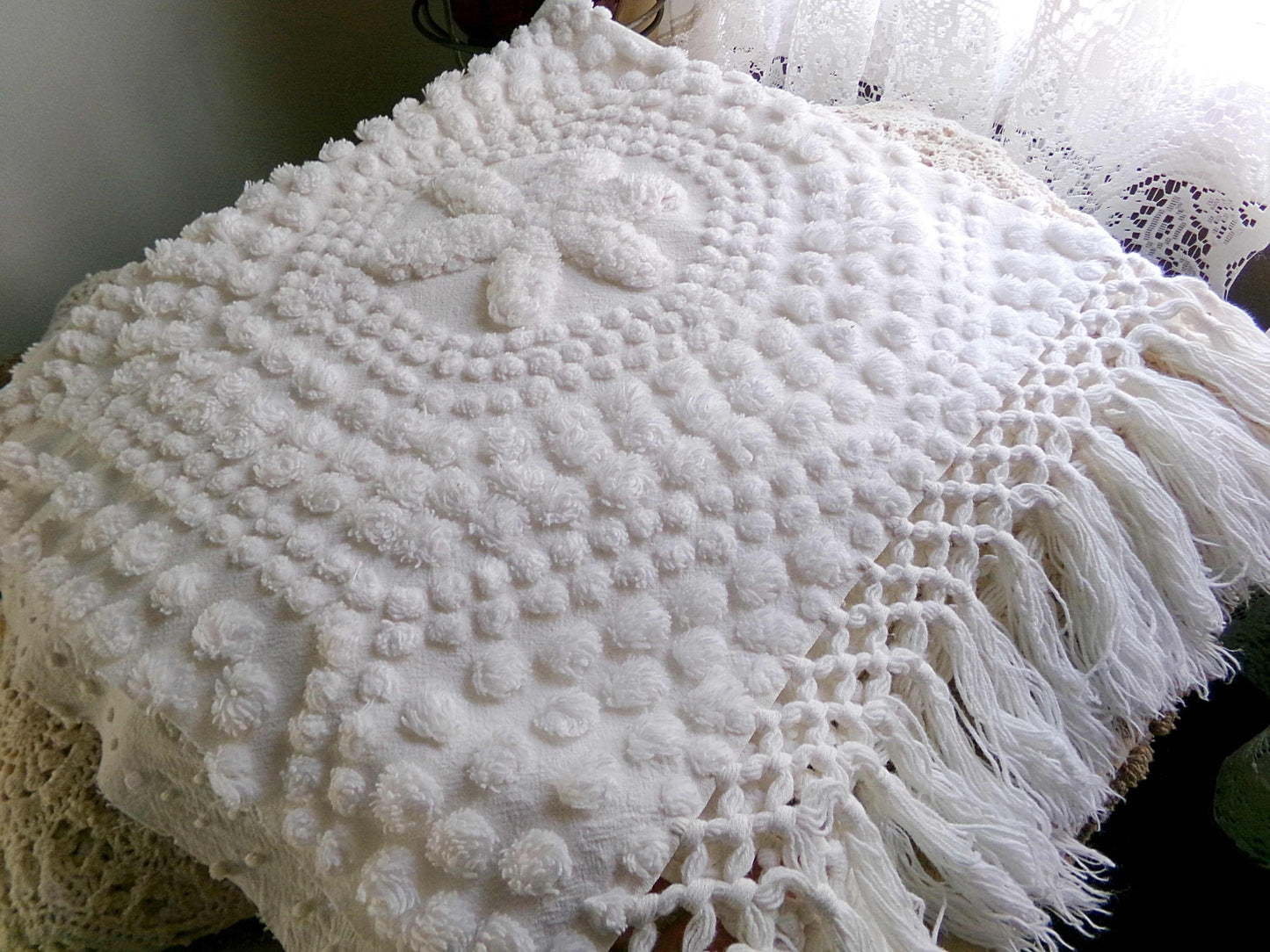 star mist white vintage chenille fabric, coastal 3D radiating starry pop motifs, 21" x 26" cut piece with fringe for pillows handmade quilts