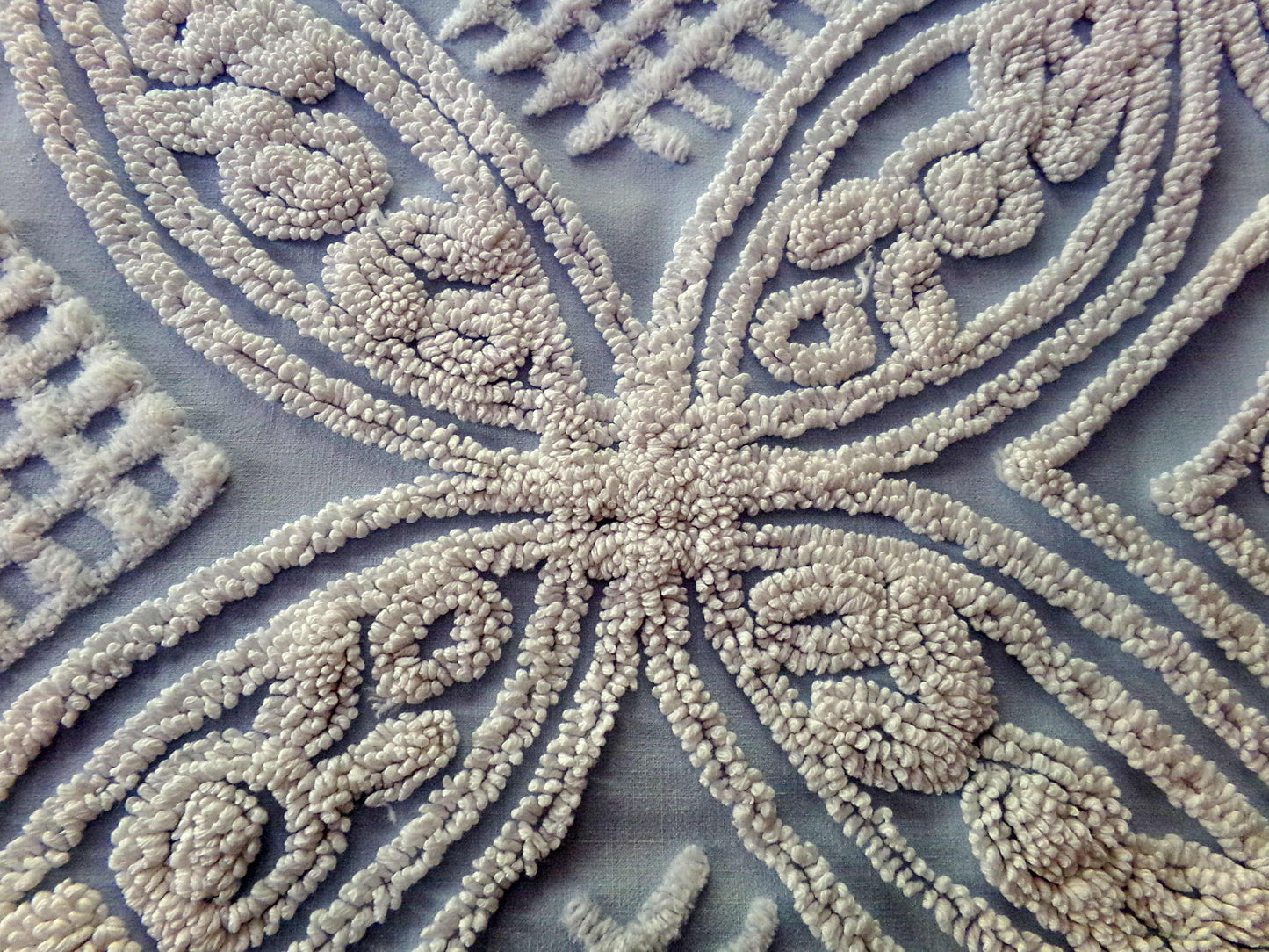 Shabby Chic Vintage Fabric, Porcelain White Rose Floral Chenille on Cloud Blue Cotton, 24" x 30" inch Piece, So Pretty in Pillows & Quilts