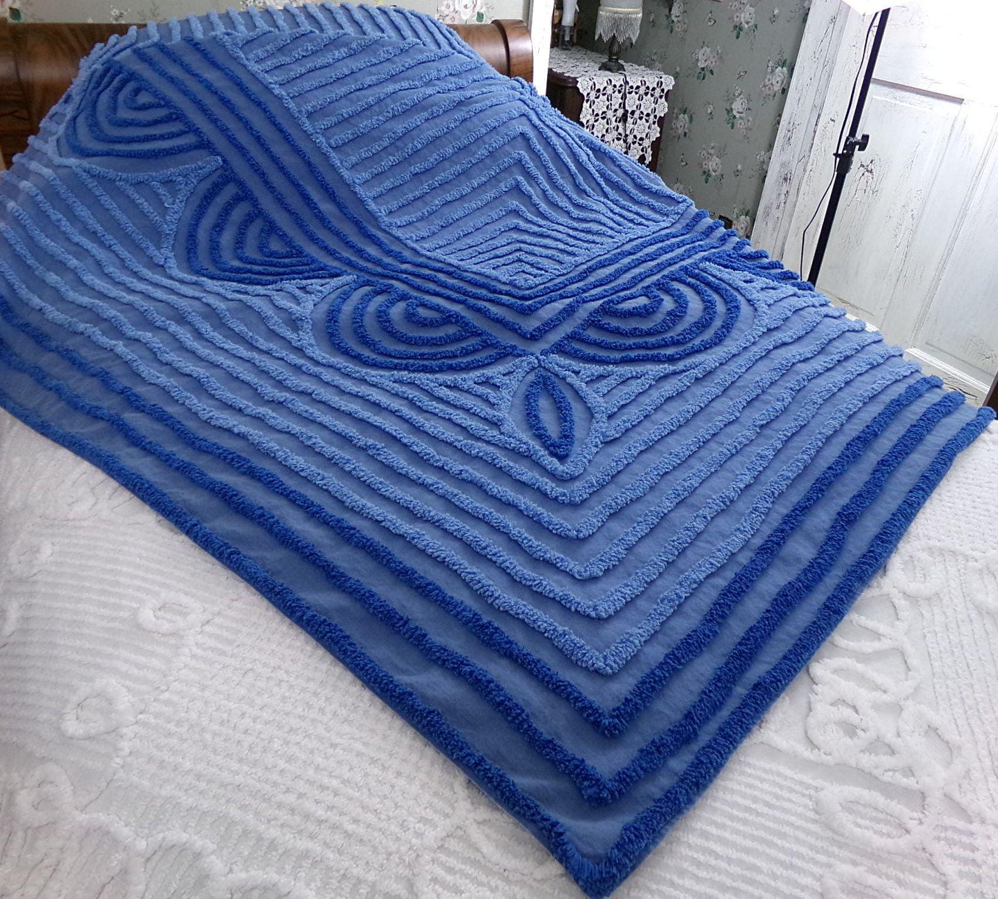 shabby sea nymph blue vintage chenille bedspread, coastal chic geometric design, full size cotton bedding