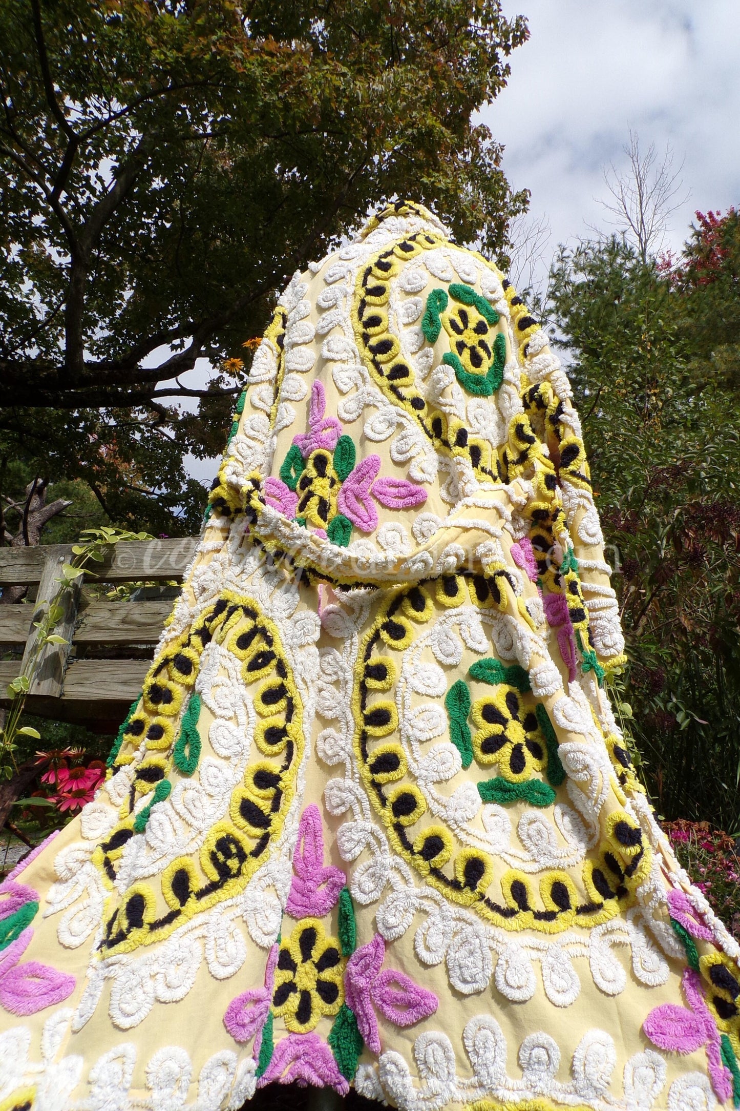 Plus Size Chenille Robe, Rise 'n Shine, XL XXL Bathrobe with Sculpted Cake Frosting Florals in Black & Sunny Yellow, Art to Wear