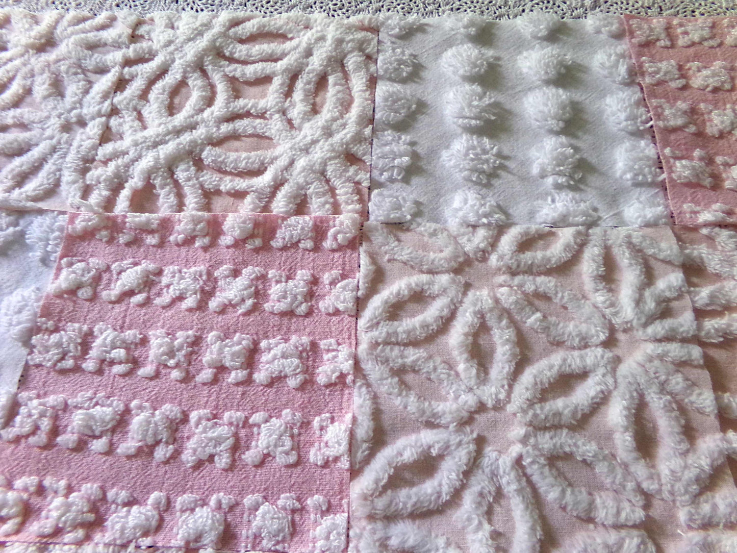 Pink Wink Quilt Squares Set from Vintage Chenille Bedspread Fabric, 16 Blocks, 6" x 6" inch