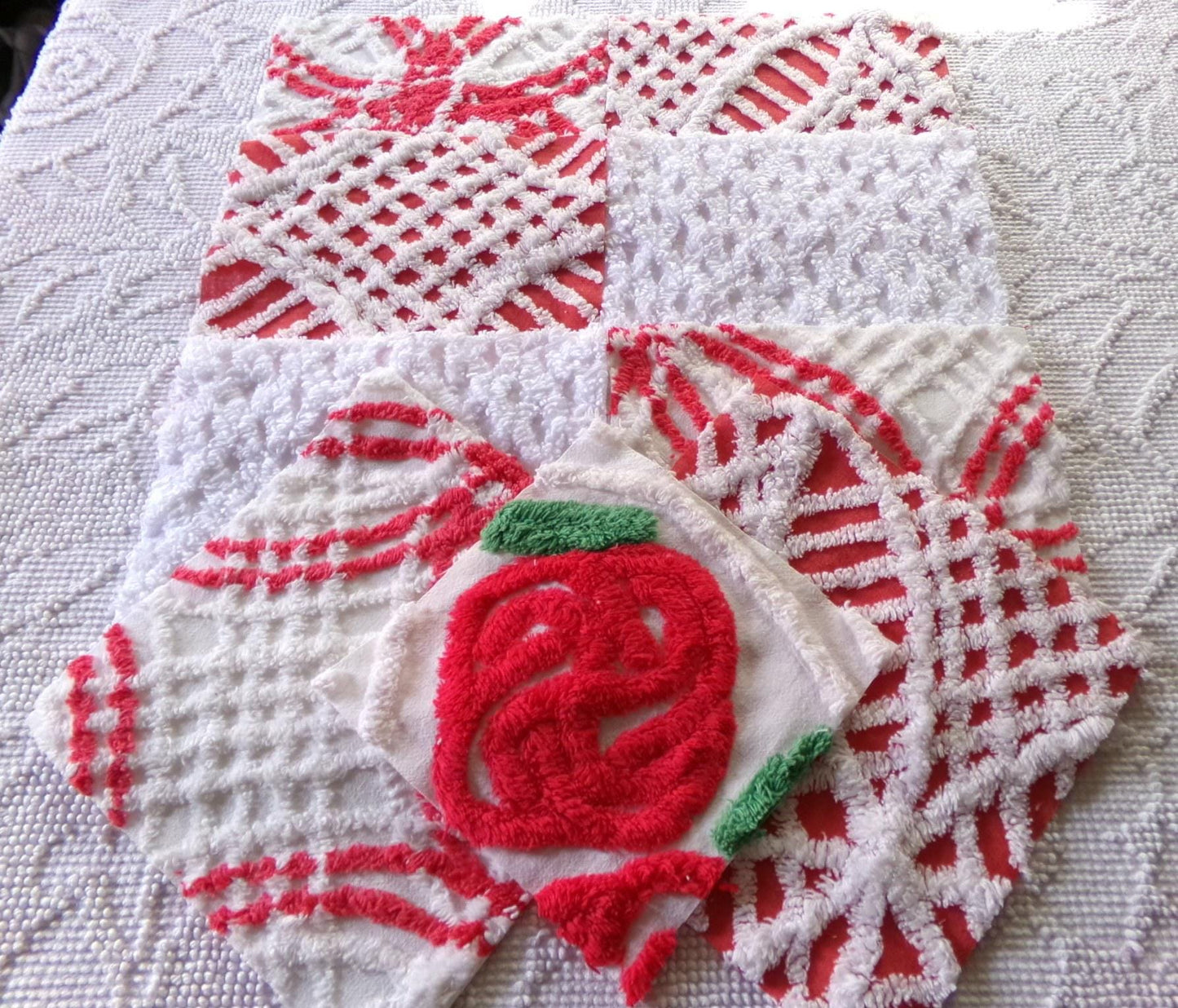 rose red & white chenille fabric squares, 7.5" vintage quilt blocks, set of 8 for sewing, Christmas crafts, quilting