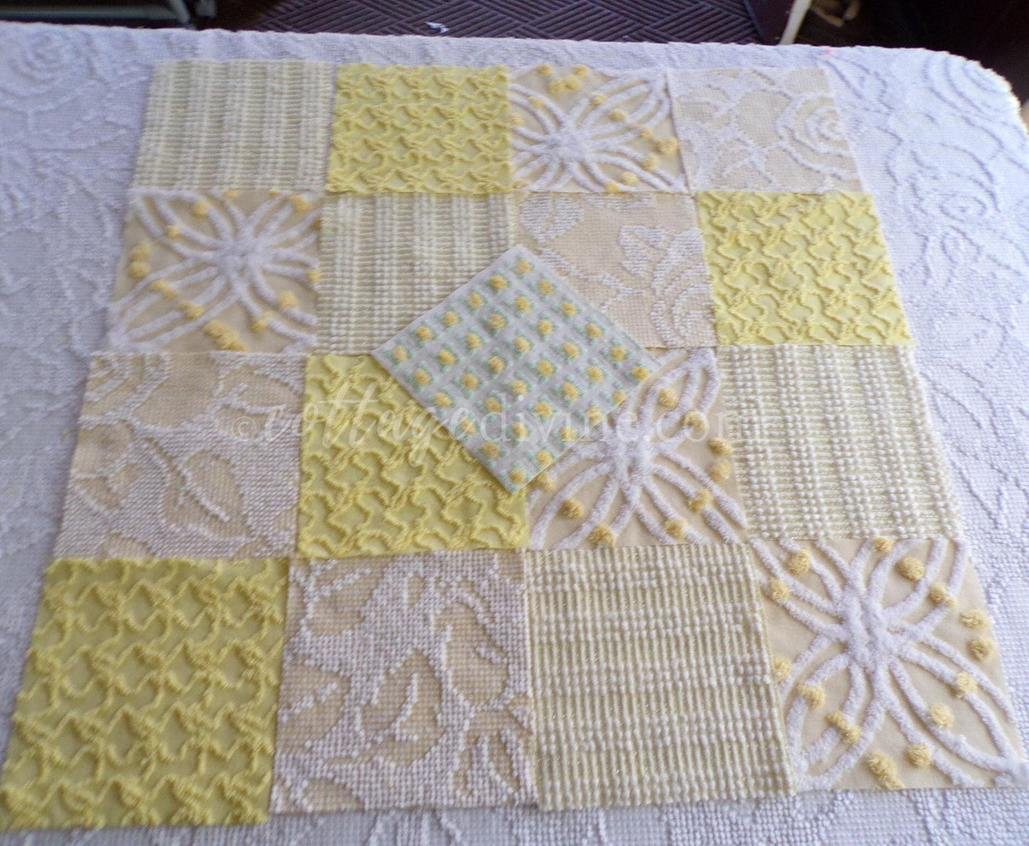 Cheerful Chenille Quilt Squares Set from Vintage Bedspread Fabric, 17 Blocks, 6" x 6" inch, Sunny Yellows