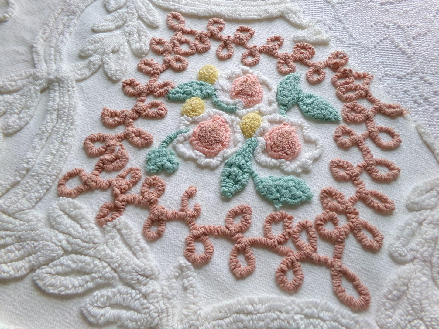 frosted cake sculpted vintage chenille fabric, cream botanicals & autumn roses, 35" x 20" inch piece of beautiful sewing material