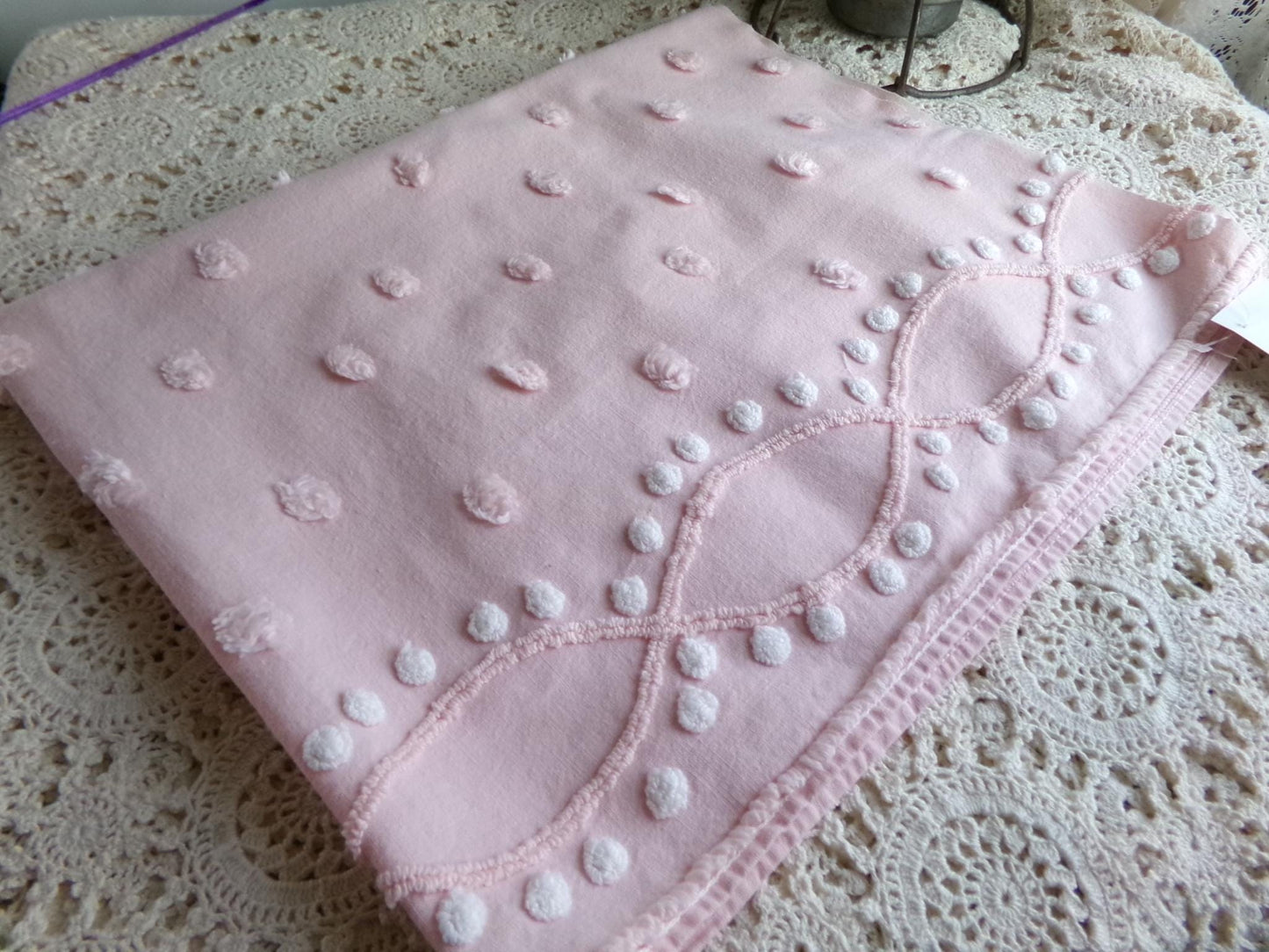 petal pink feminine chenille fabric, vintage sewing material with wideset pops & infinity link accents, lightweight 20" x 27" inch piece