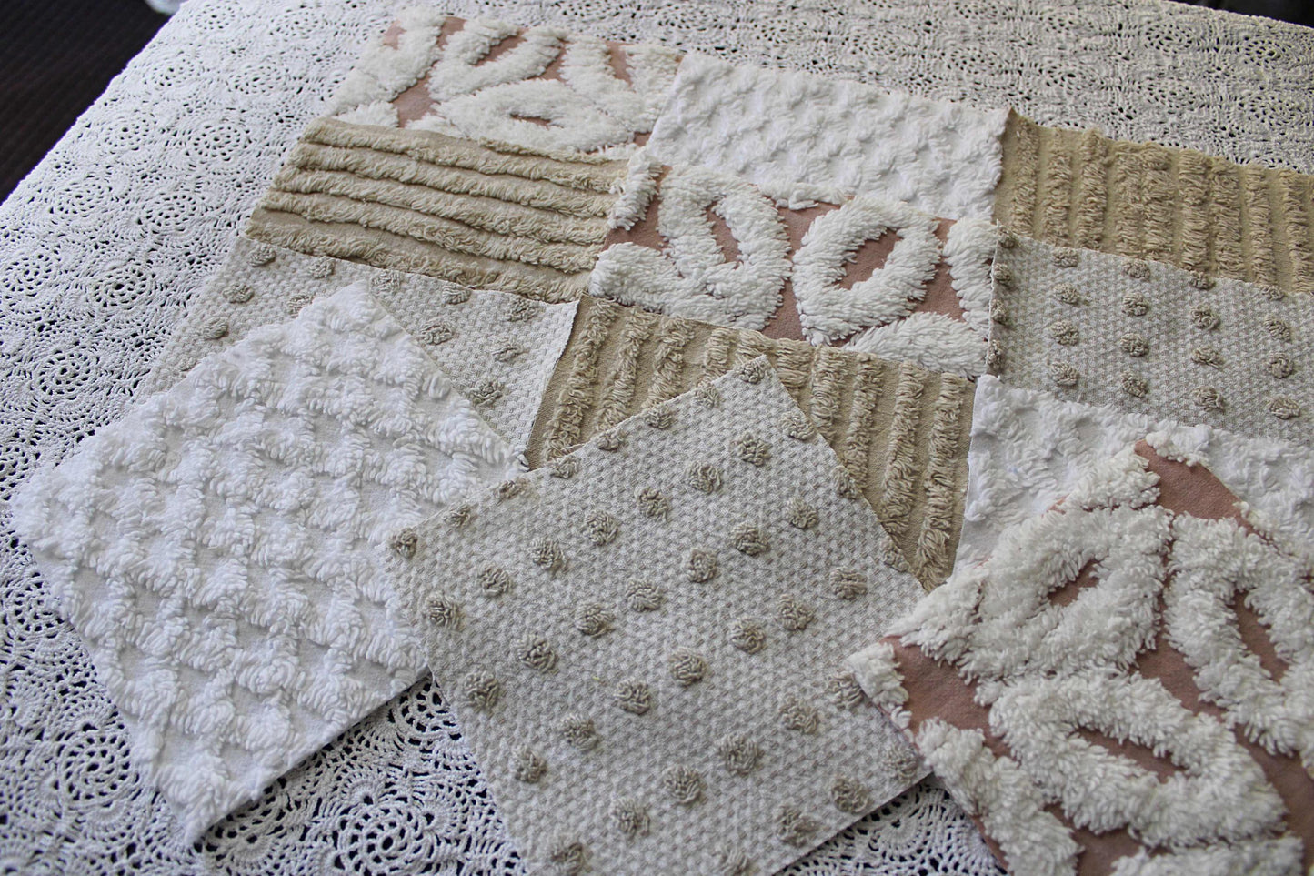 Chenille Fabric Squares, Neutral Sand, Tan & White Craft Square Set from Vintage Bedspread Fabric, 16 Blocks, 6" x 6" inch
