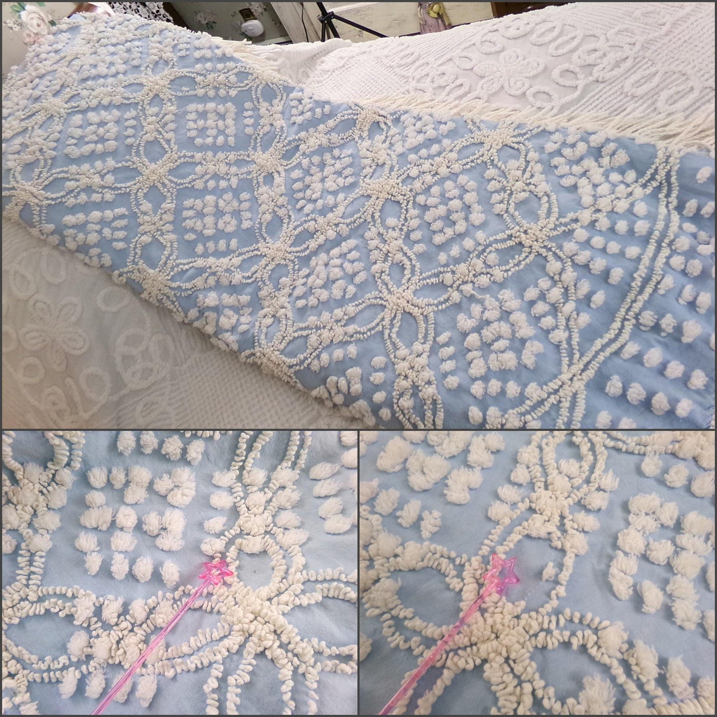 beach cottage blue vintage chenille bedspread, shabby tufted geometric pattern, 100% cotton twin size summer coverlet with fringe