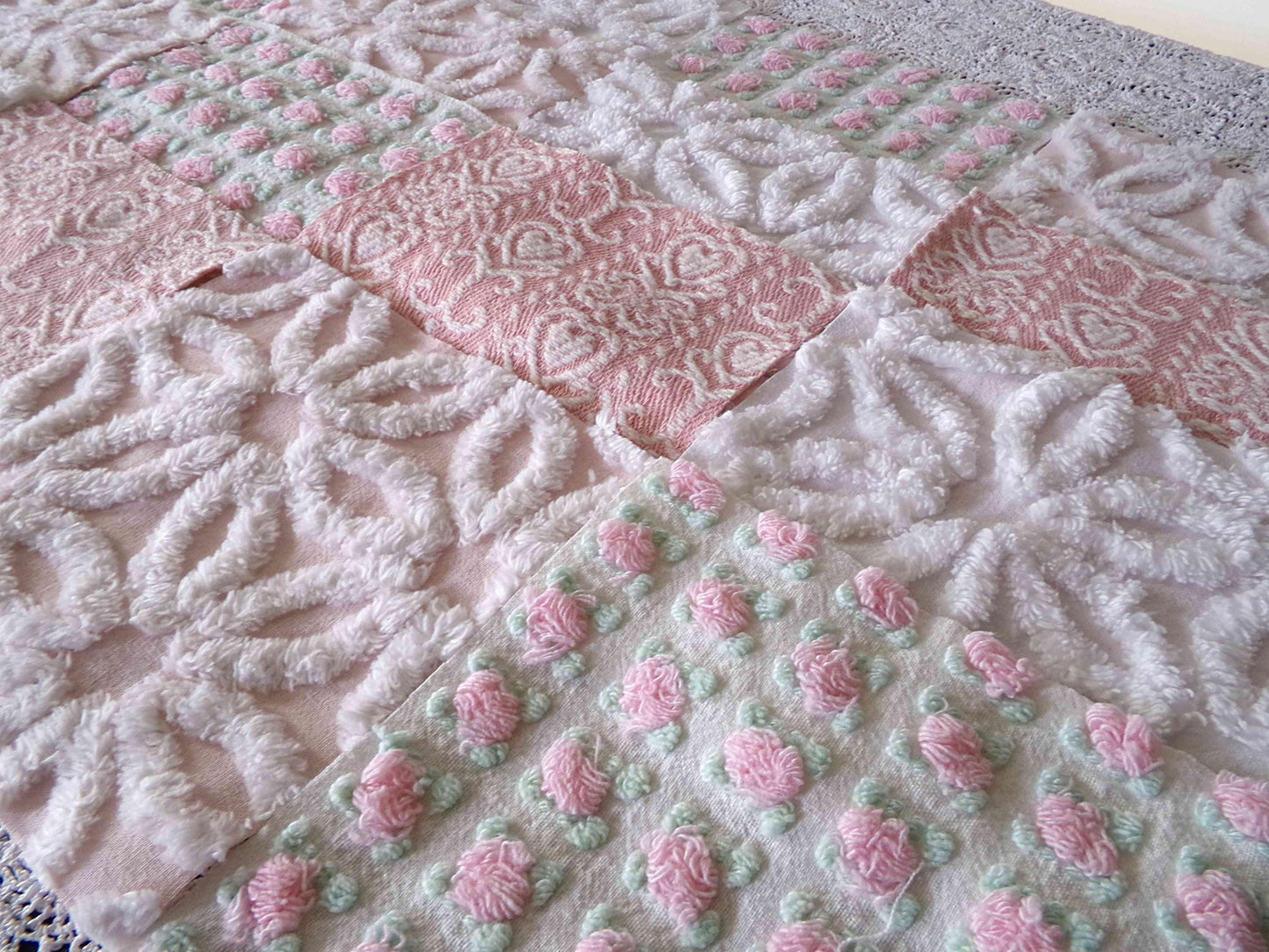 Pink Mix Vintage Woven & Chenille Fabric Squares, Daisy, Rosebud, Hearts Quilt Square Set, 16 Blocks 6" x 6" inch for Pillows, Doll Blankets