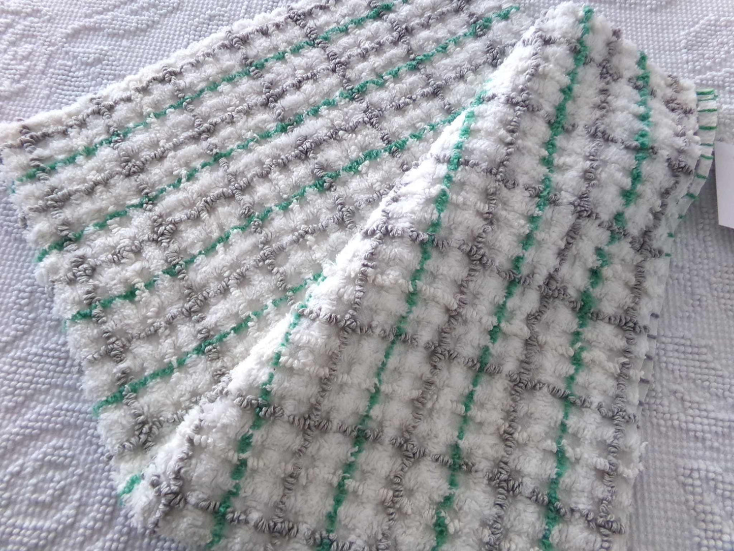 Plaid Vintage Chenille Fabric, Kelly Green & Dove Grey, 17" x 24" inch Piece for Sewing, Crafts, Quilting