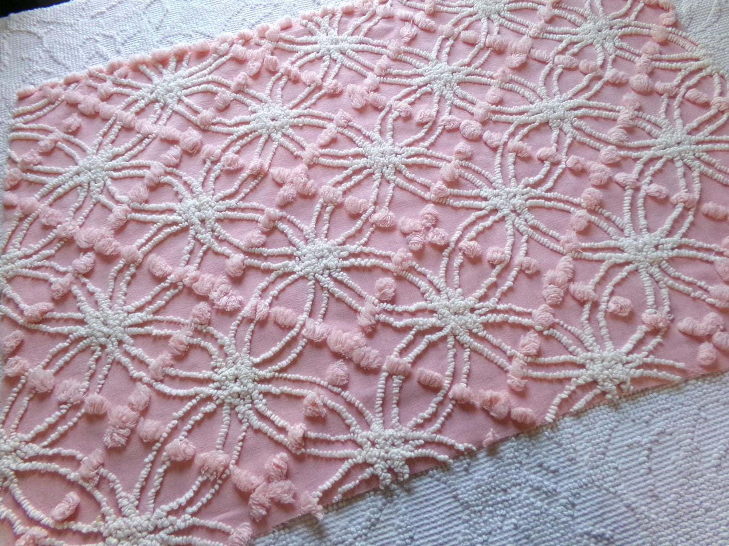 divinely feminine pink chenille fabric, 18" x 24" inch piece of vintage cotton sewing material, lovely in handmade chenille quilts & pillows