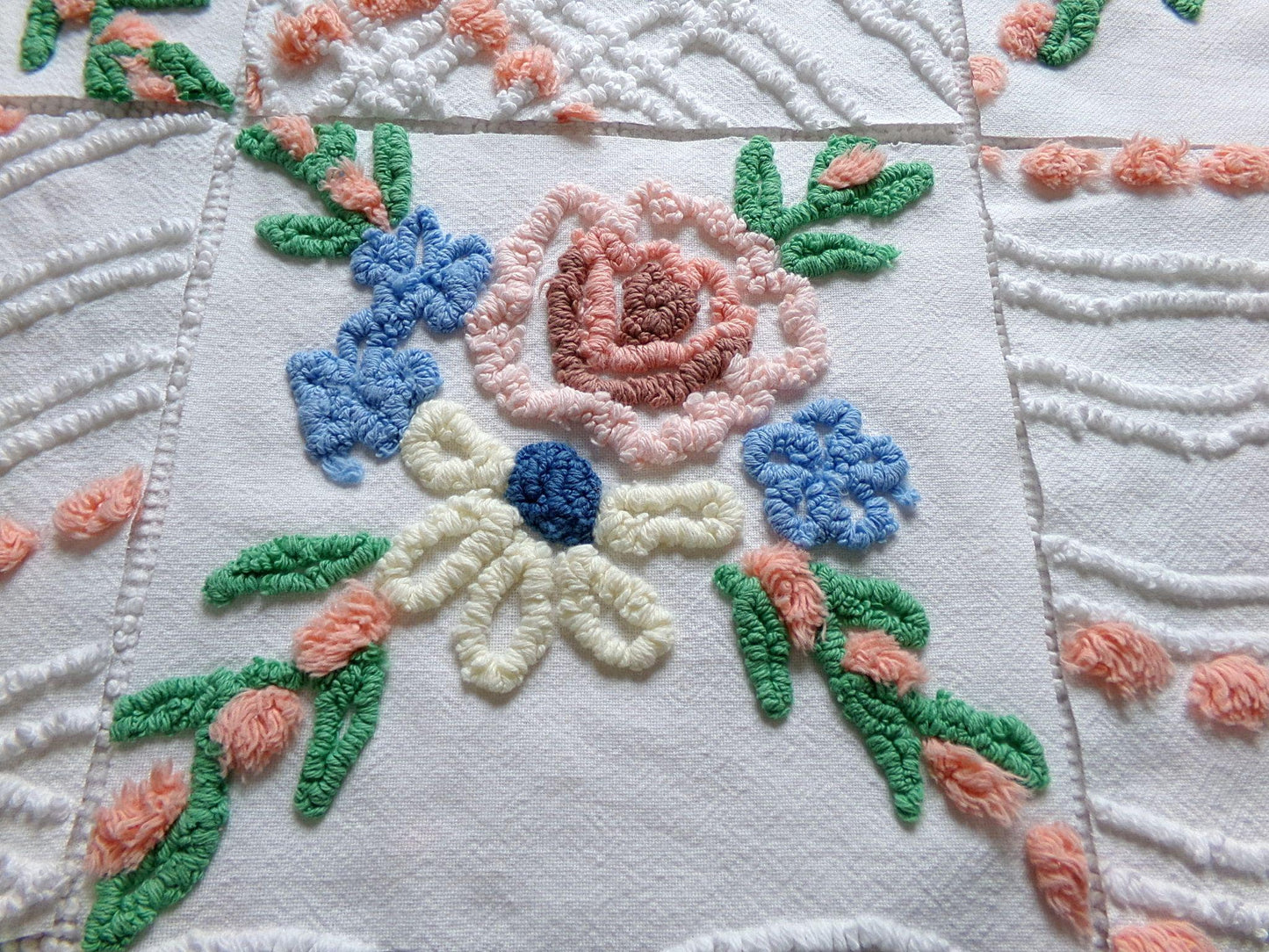 cottage chic chenille fabric squares, set of 8 vintage 7.5" quilt blocks, peach, white rose floral & geometric for sewing, crafts, quilting