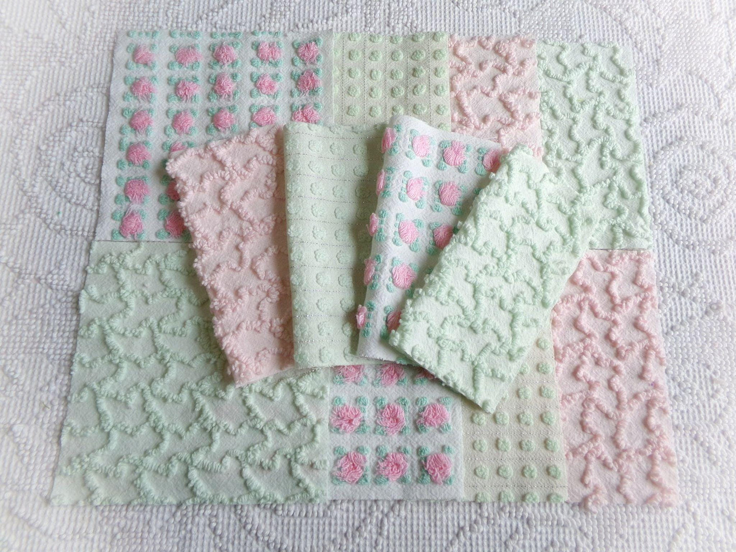 fairytale pink & green chenille fabric squares, set of 12 vintage 6" quilt blocks in crafty girl's dozen, popular squiggles, rosebud, dots