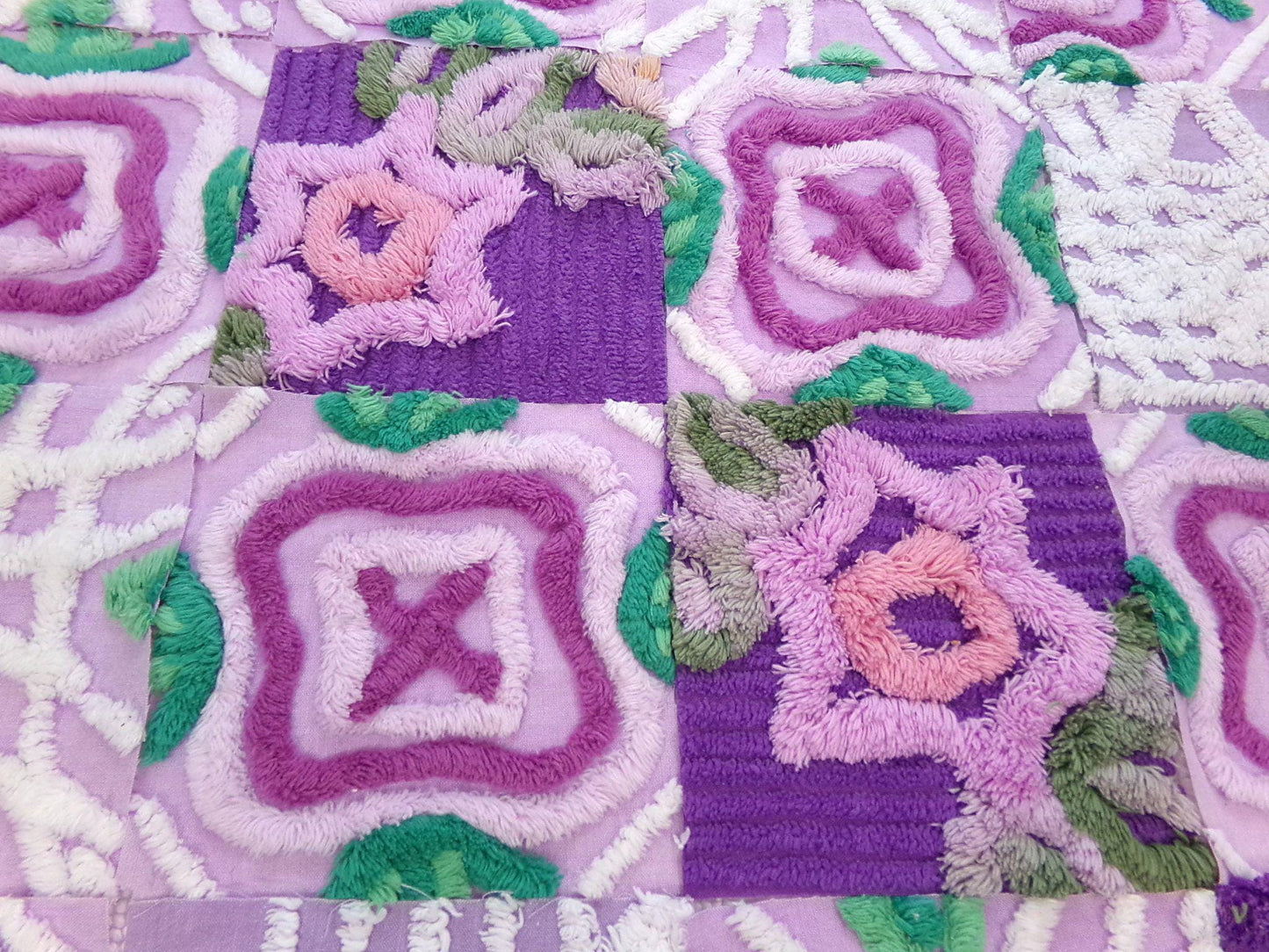 moondance chenille fabric squares, set of 16 vintage 6" craft blocks, lavender purple roses & white for quilt inlays, pillows, fiber arts