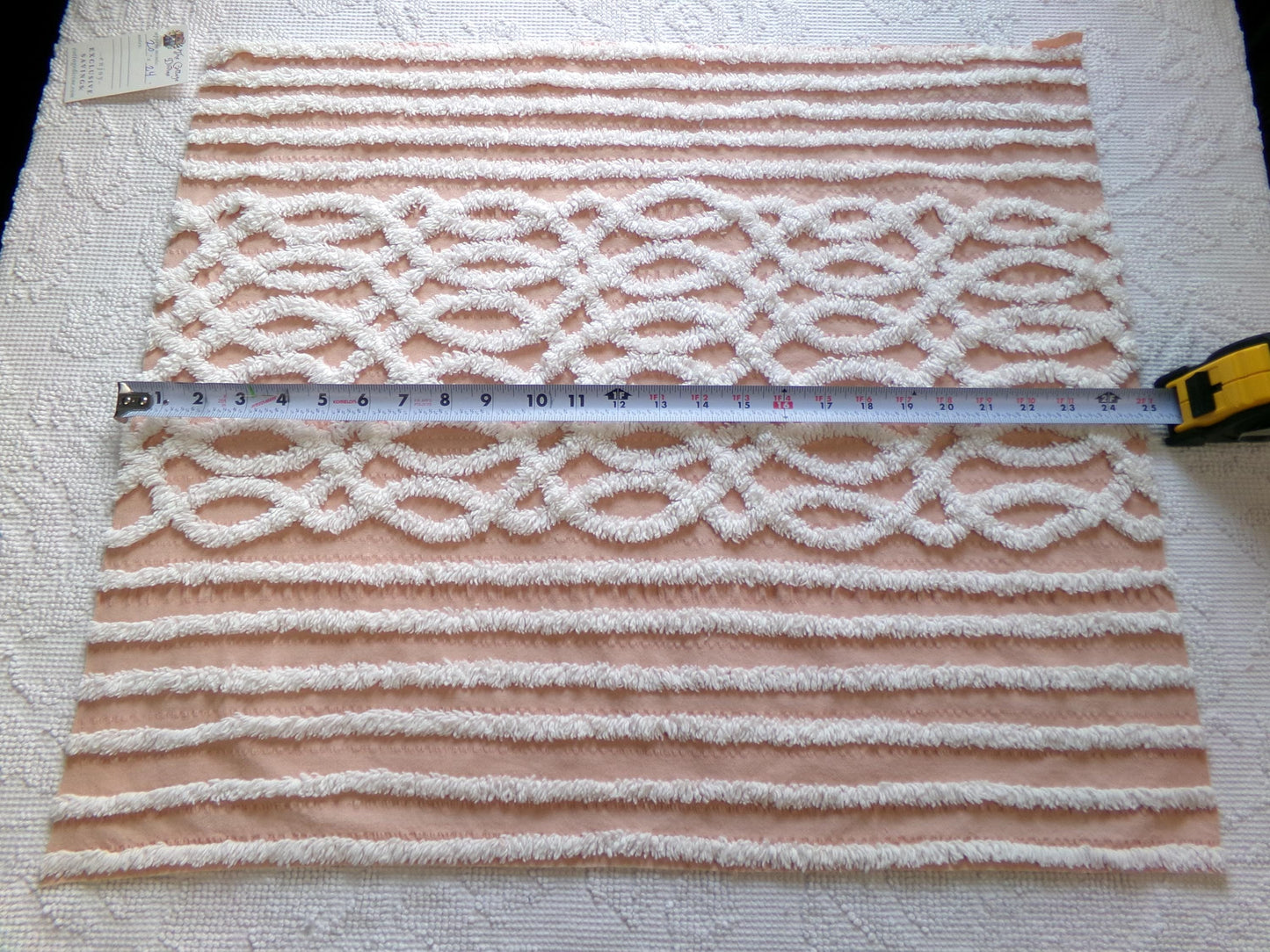 vintage chenille fabric: white geometric on peach cotton seersucker, 20" x 24" cut piece
