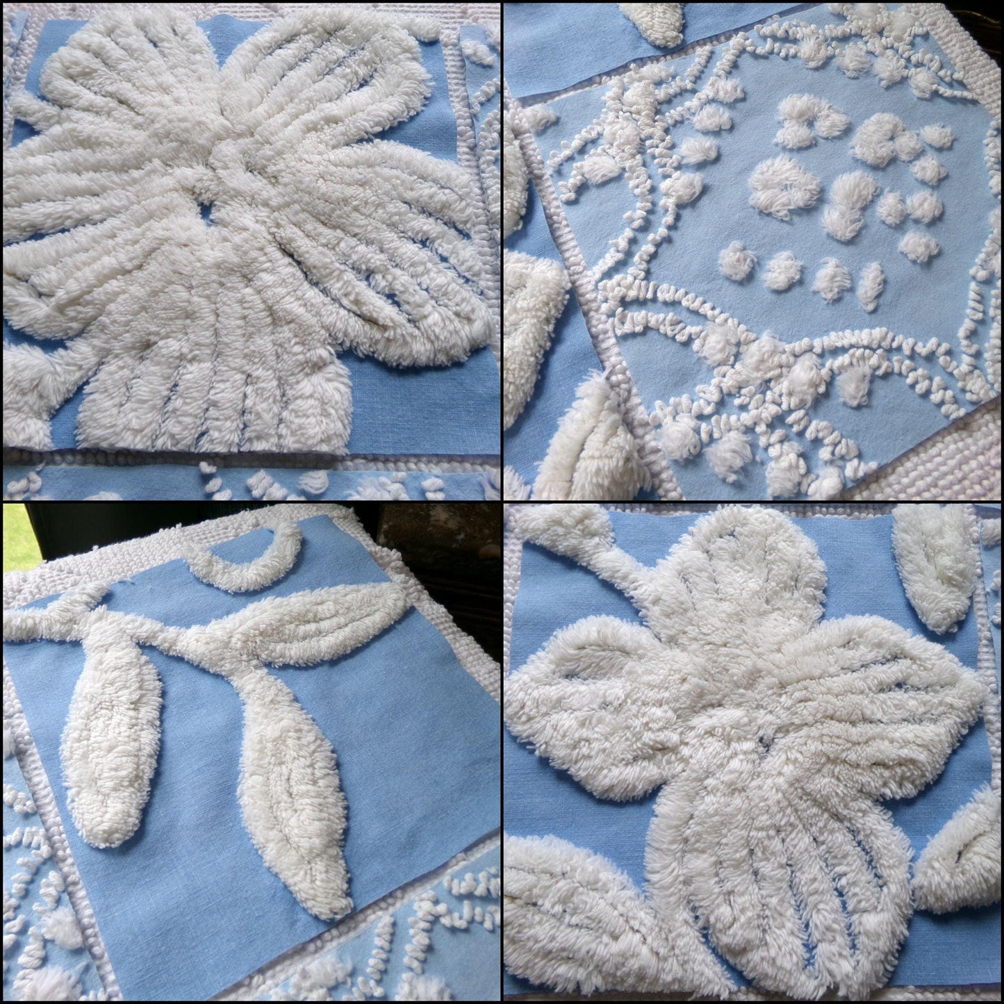 coastal breeze chenille fabric squares, set of 8 vintage 7.5" quilt blocks, blue geometric, white floral for sewing, crafts, quilting