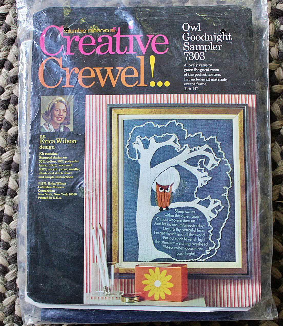 OWL GOODNIGHT Sampler ~ 1973 Erica Wilson Design, Vintage Columbia Minerva Creative CREWEL Embroidery Kit # 7303 ~ Cute Poem