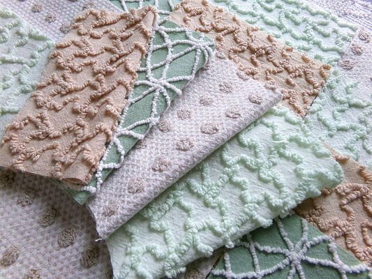 gnome trail chenille fabric squares, woodsy whimsical 16 vintage 6" quilt blocks in green & neutral colors for sewing, crafts, fiber arts
