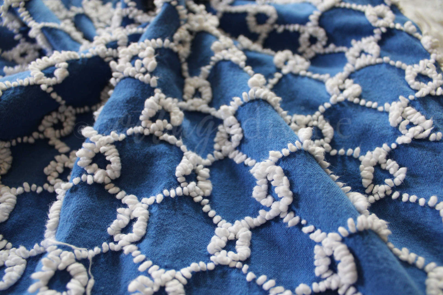 Chain Link Cobalt Blue Vintage Chenille Fabric, 20" x 24"' inch piece, White Needletufted Links on Ultra Lightweight Cotton