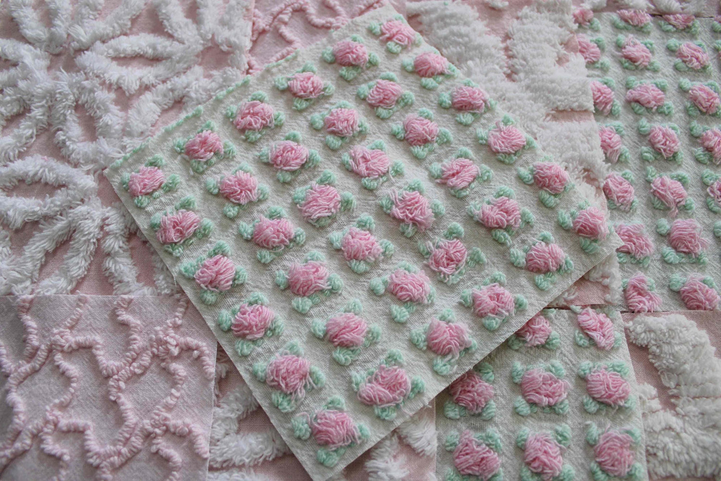 fairy pink chenille fabric squares, cottage rosebud & daisy, 16 vintage quilt blocks 6" x 6" inch, for patchwork pillows, quilting, crafts