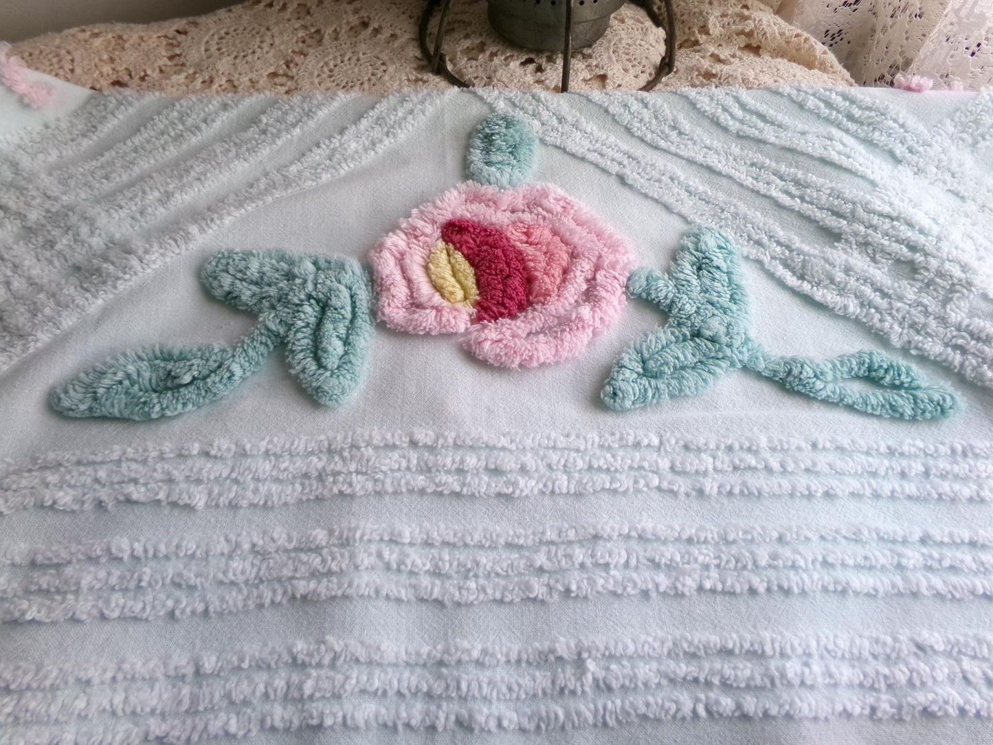 Rose Aqua Mist Vintage Chenille Fabric, 25" x 24" Piece, 100% Lightweight Cotton, Lovely Simple Floral Geometric Design