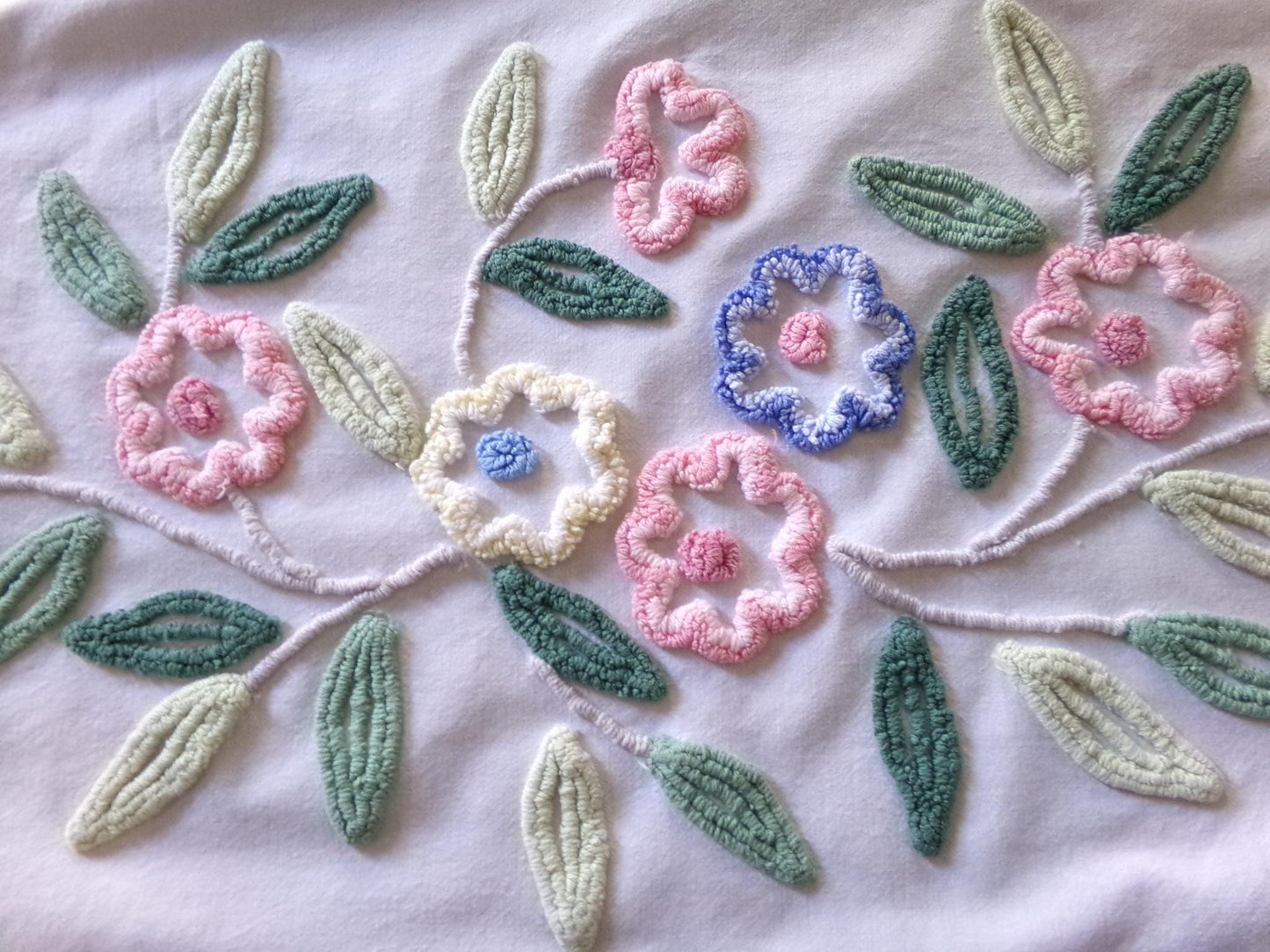 cottage style shabby pink & blue florals vintage chenille fabric, large 24" x 35" inch piece, so pretty for a pillow