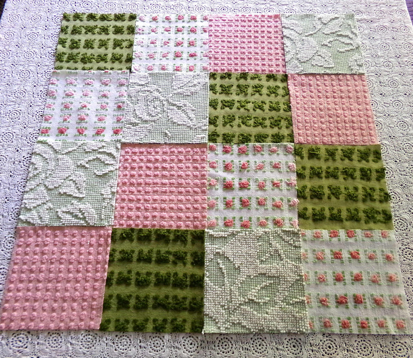 Olive & Ombre Rose Chenille Fabric Squares Set, Old Fashioned 16 Vintage Quilt Blocks, 6" x 6" inches each, for Quilting, Sewing, Pillows