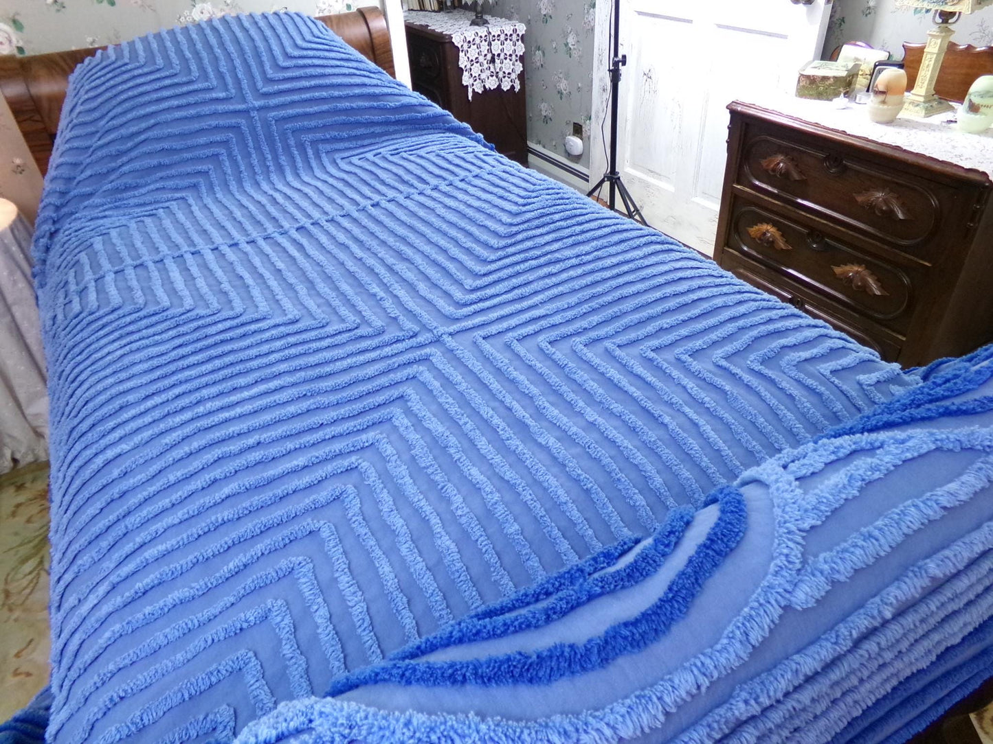 shabby sea nymph blue vintage chenille bedspread, coastal chic geometric design, full size cotton bedding