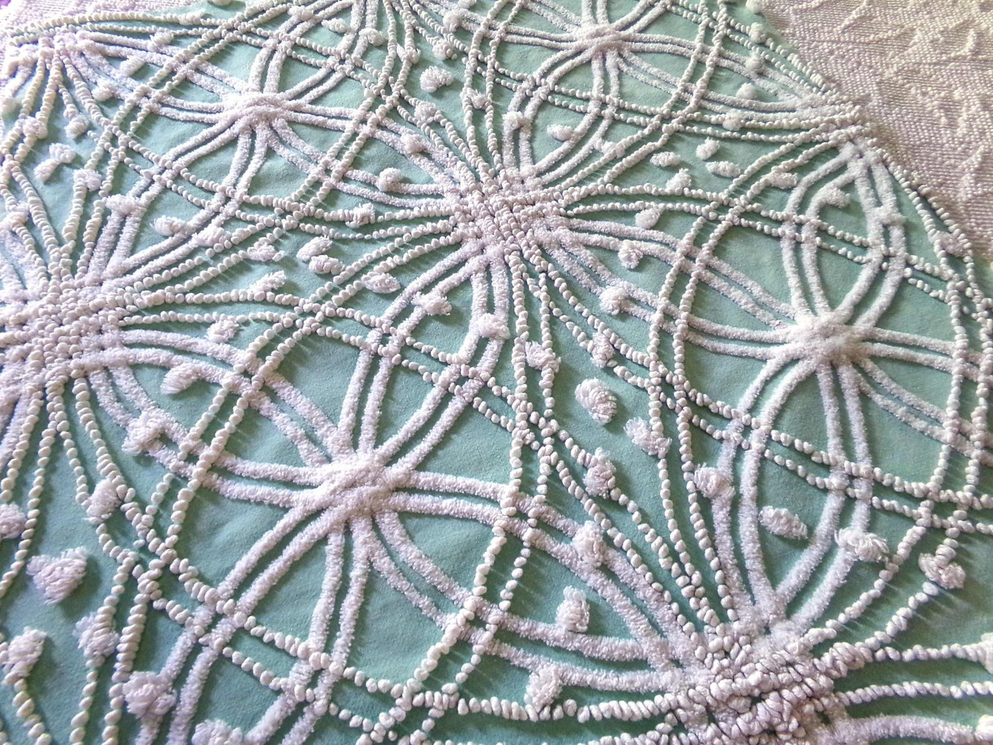 chic jade green vintage chenille fabric, white spider web design, 20" x 26" inch piece for quilting material & sewing