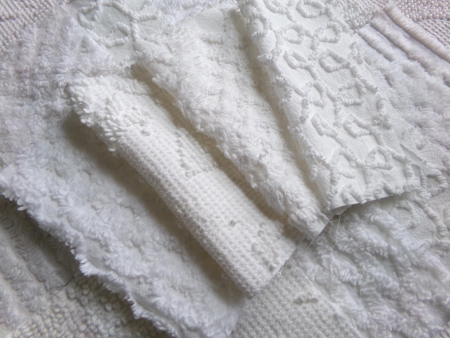 white vintage 6" chenille squares, set of 12 quilt blocks in a classic selection of popular patterns for sewing & crafts