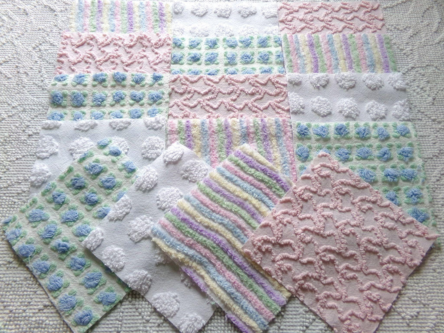 fairy fantasy chenille fabric squares, 16 vintage 6" quilt blocks in pastel rainbow, pink & blue rosebud, for sewing, crafts, fiber arts