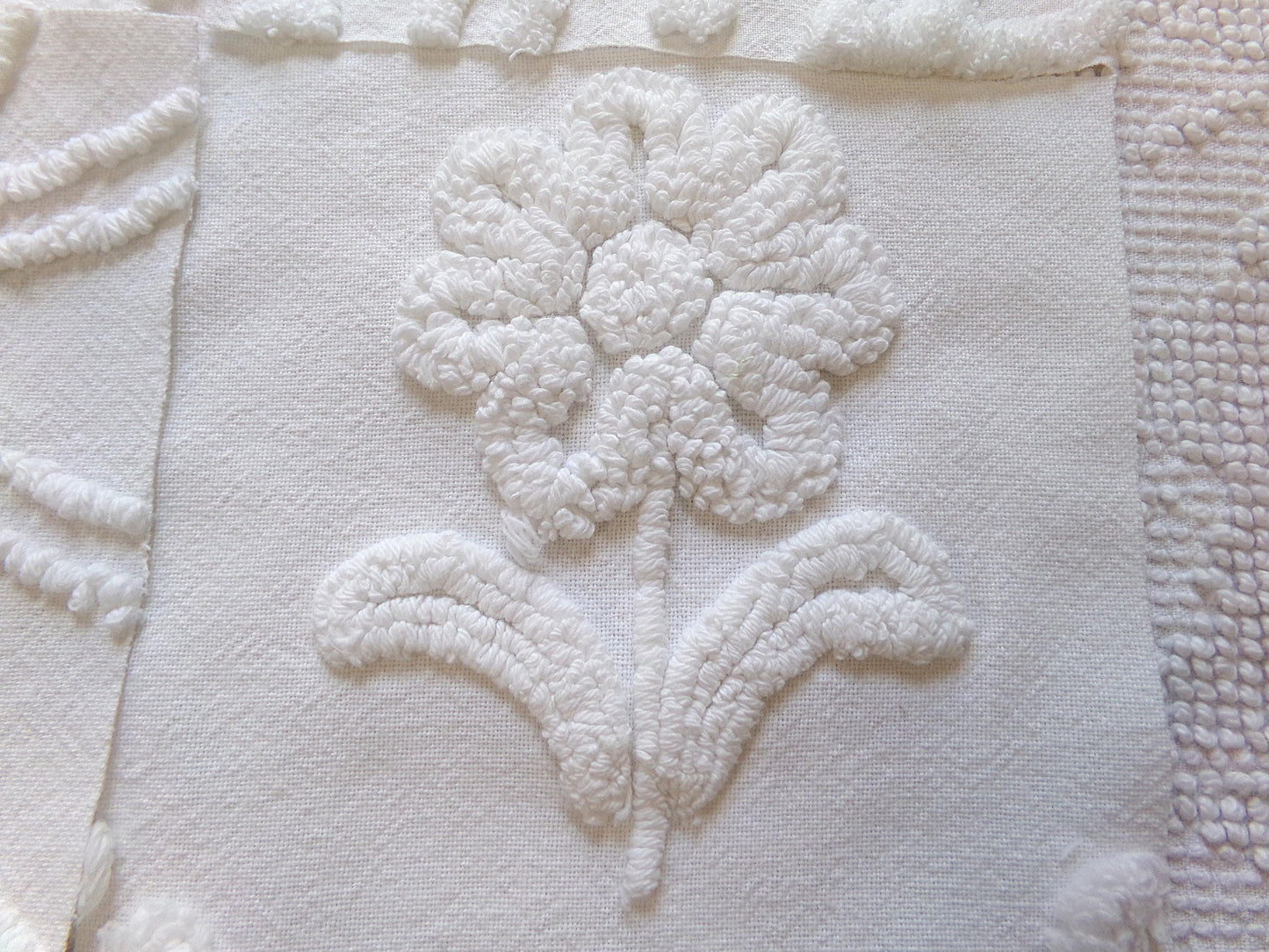 vintage 6" chenille fabric squares, "whispers of white" set of 16 quilt blocks in florals & geometrics