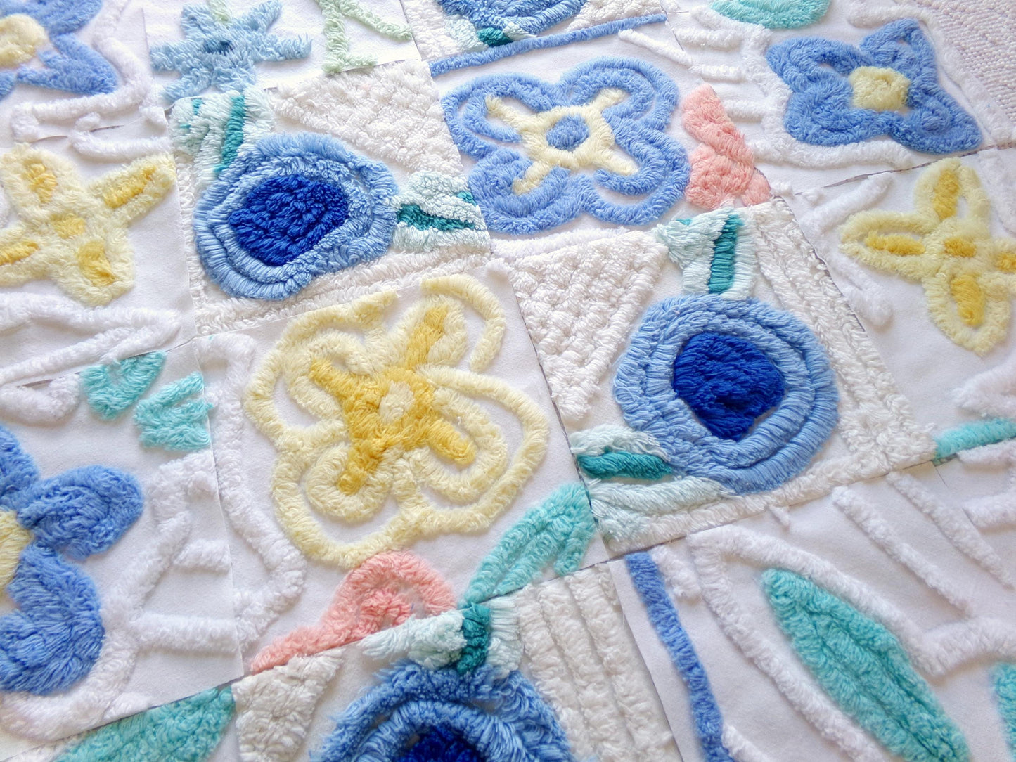 vintage 6" chenille fabric squares, set of 16 quilt blocks, blooming blue flowers