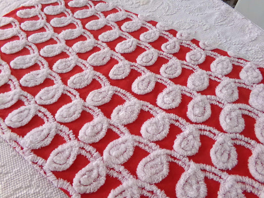 rare white curlicues on red fabric, 15" x 26" inch piece of vintage chenille bedspread material for sewing & quilting