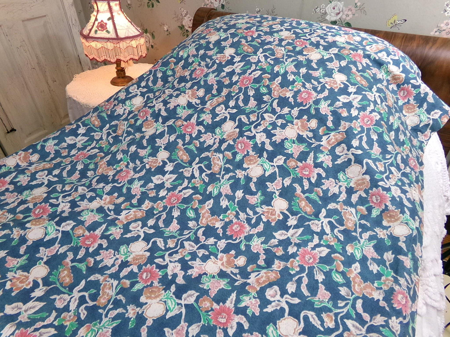 Ralph Lauren Curtain Set in Iconic Jardin Floral, Vintage Pair of Blue 1990s Window Drapery Panels, Valance & Tiebacks, Cotton, Made in USA