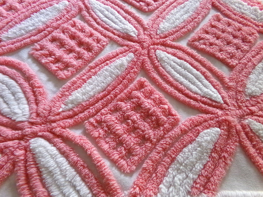Plush Pink & White Vintage Chenille Fabric, 24" x 30" Inch Piece, 100% Cotton, Optic Wedding Ring Pattern, Great for DIY Pillows