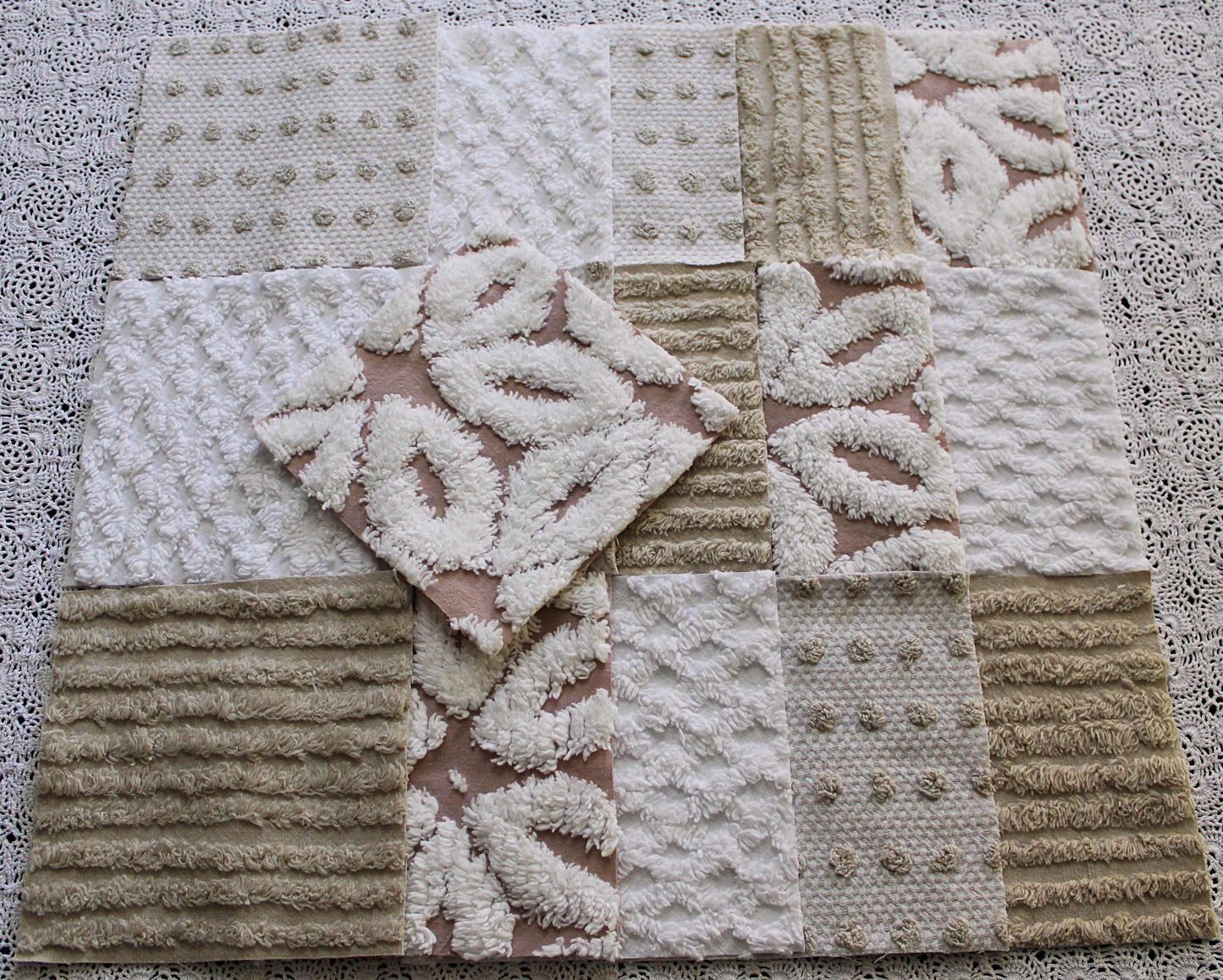 Chenille Fabric Squares, Neutral Sand, Tan & White Craft Square Set from Vintage Bedspread Fabric, 16 Blocks, 6" x 6" inch