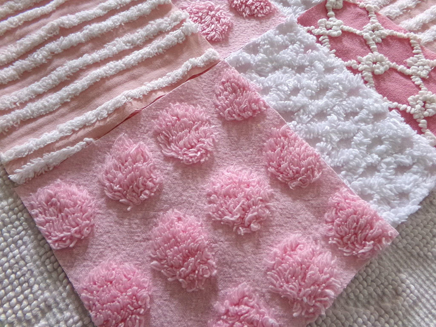 fun pink vintage chenille fabric squares, set of 16 quilt blocks, 6" x 6" inch, textured material ideal for rag quilts & patchwork pillows