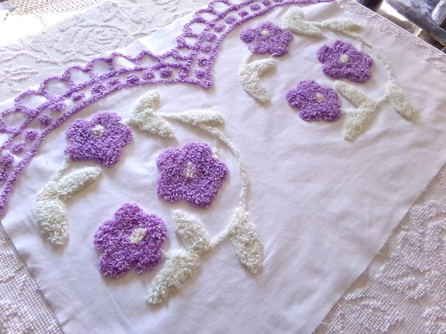 Spring Lilac Wreath Vintage Style Chenille Fabric, 20" x 28" inch piece, Pretty in DIY Pillows