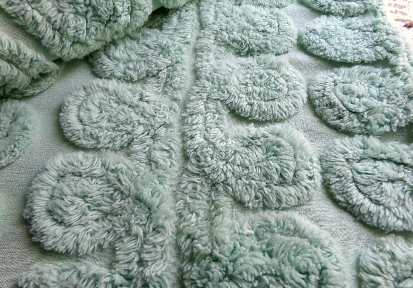 Fluffy Mint Ice Cream Swirl Vintage Chenille Fabric, Plush 20" x 26" inch piece in looping curlicues pattern