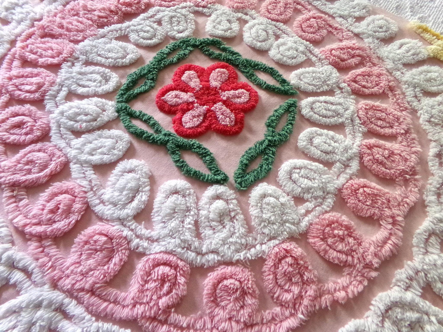 pink & white frosted cake chenille fabric, vintage 1950s sewing material for quilting and crafts, 24" x 23" inch piece with single rose