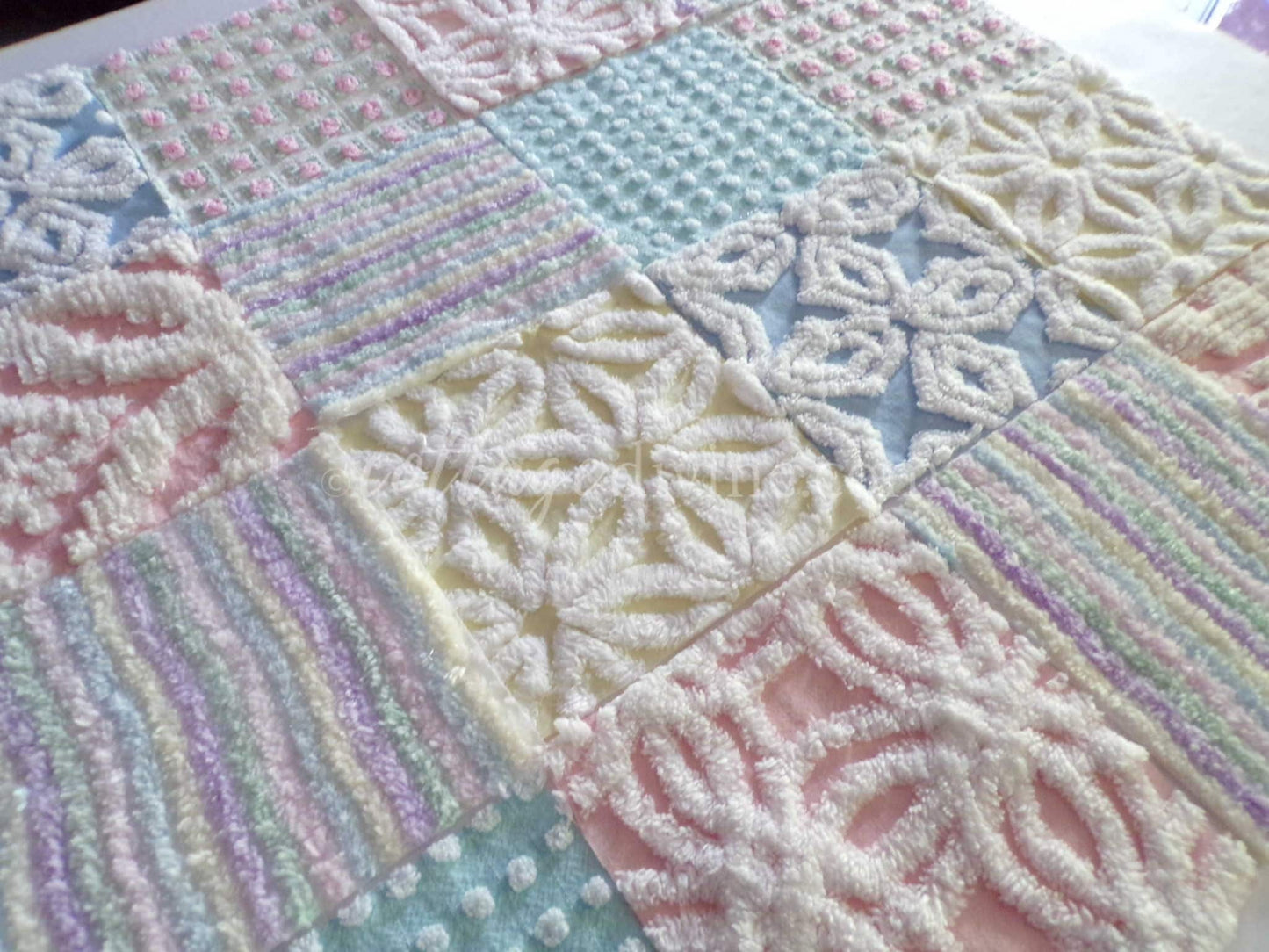 Rainbow Pastel Quilt Squares Set, Rotary Cut from Vintage Chenille Bedspread Fabric, 16 Blocks, 6" x 6" inch for quilting, sewing, crafts