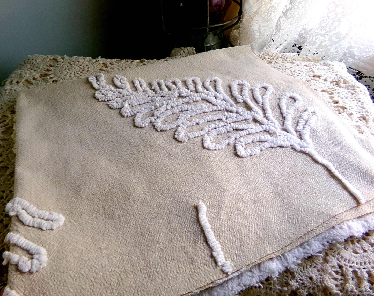 falling leaves vintage chenille fabric, 24" x 21" inch piece, simple shabby needletuft large leaf design on mocha