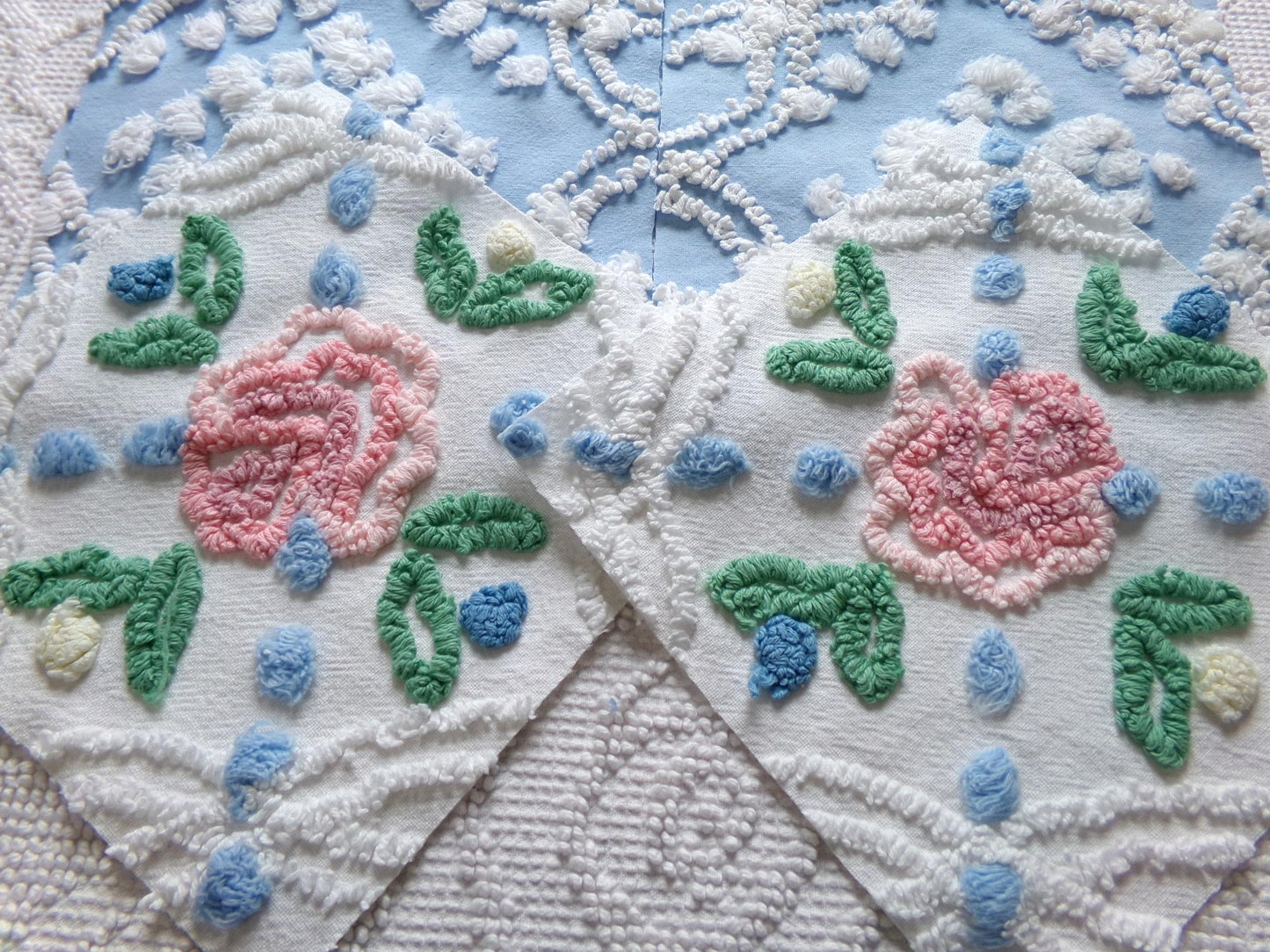 winter rose chenille fabric squares, set of 8 vintage 7.5" quilt blocks, blue & white geometric, pink floral for sewing, crafts, quilting