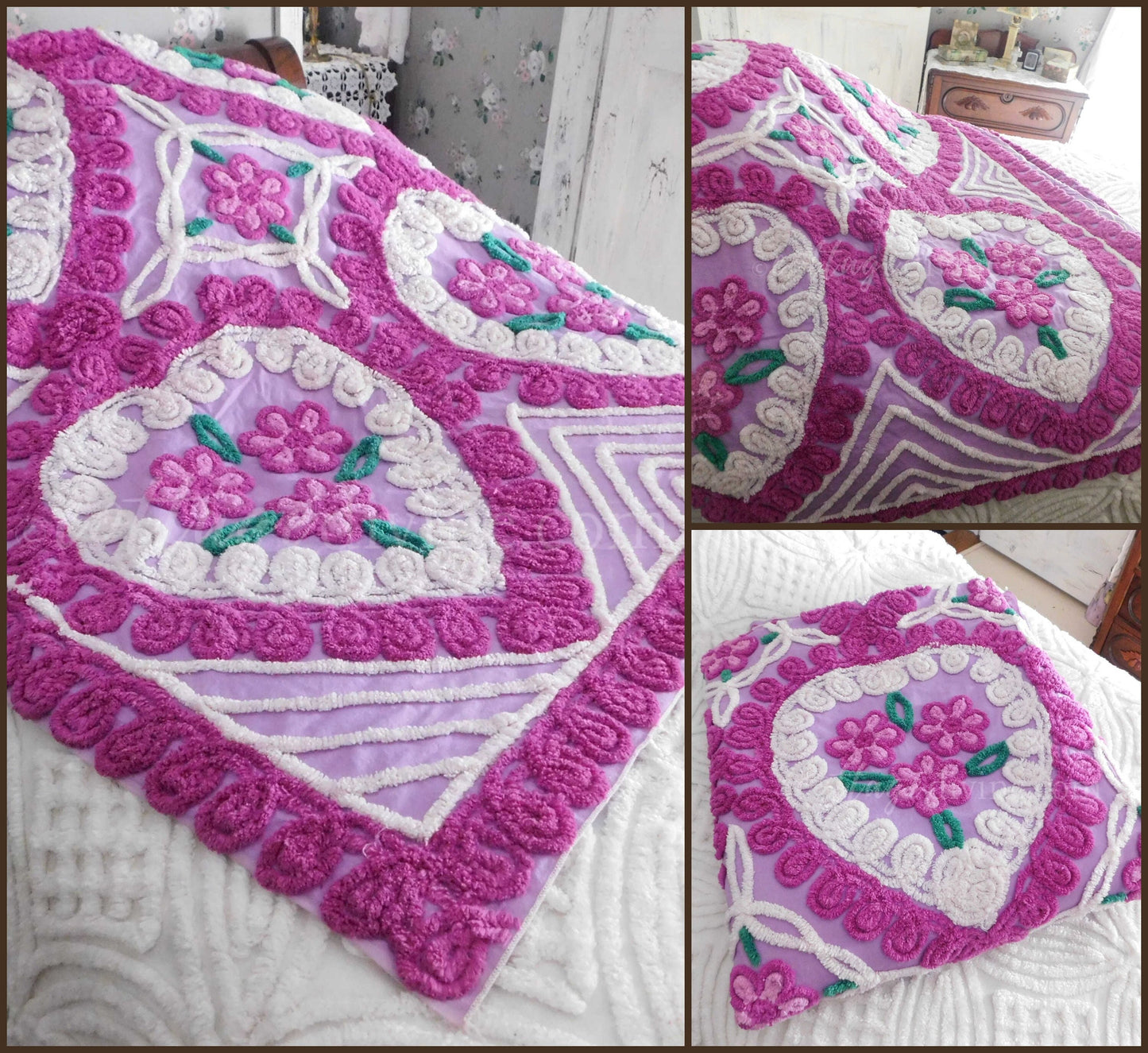 Vintage Chenille Bedspread, Lavender Hearts Hugging Flower Trios in Swirls of Fluffy Tufts, Full Size 1950s Midcentury Design, 100% Cotton