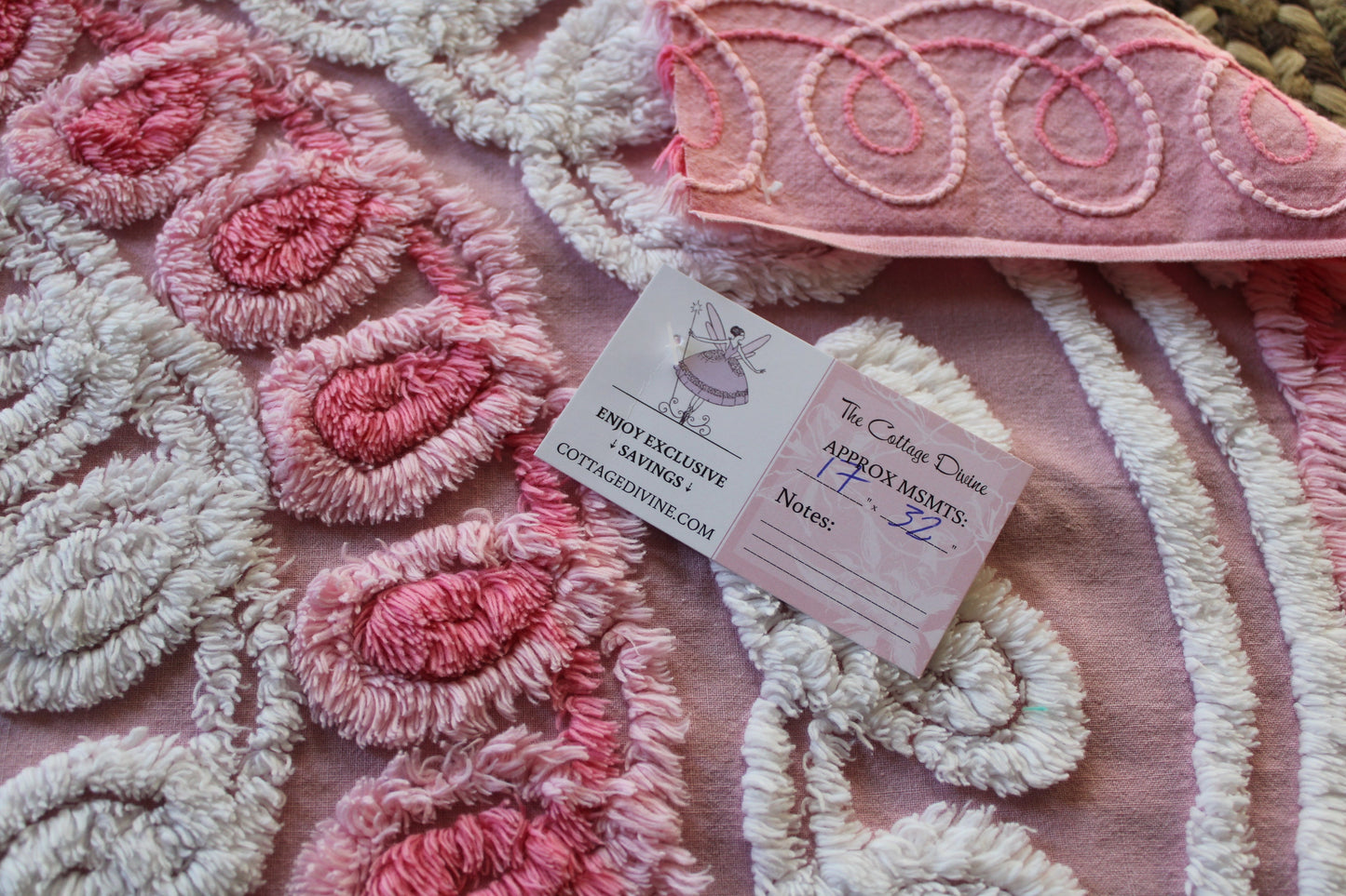 Yummy Strawberry Cake Vintage Chenille FABRIC, 32" x 17" Inch Piece, Swirls & Twirls of Frosted Tufts