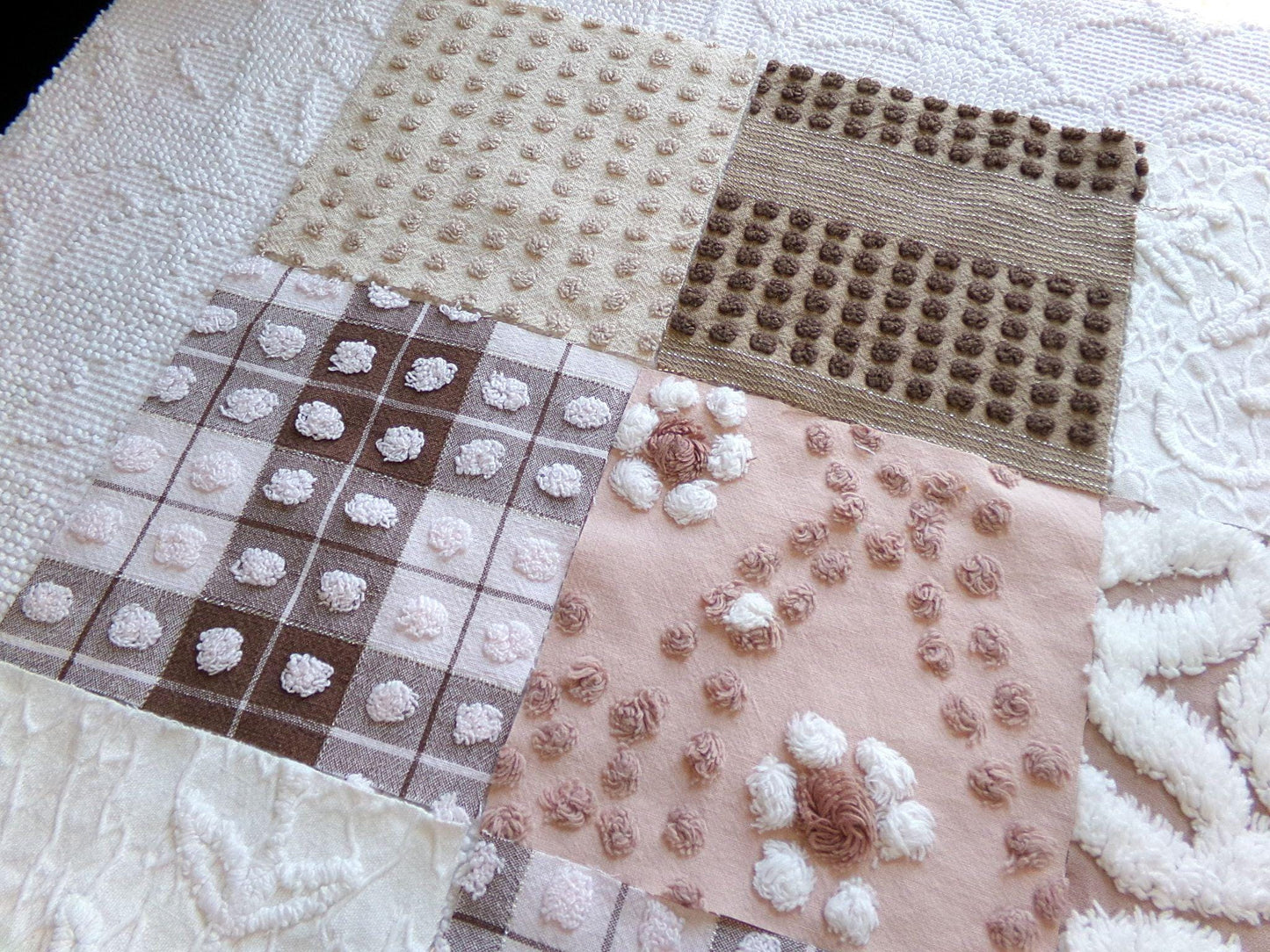 vintage 6" chenille squares, "boho girl" set of 16 quilt blocks, rotary cut from vintage chenille & matelasse bedspread fabrics
