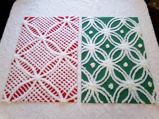 Christmas Quilt Fabric Stash Builder | Vintage Chenille Bundle for Sewing, Quilting in Red, White & Green | 2 Pieces 12" x 18" each