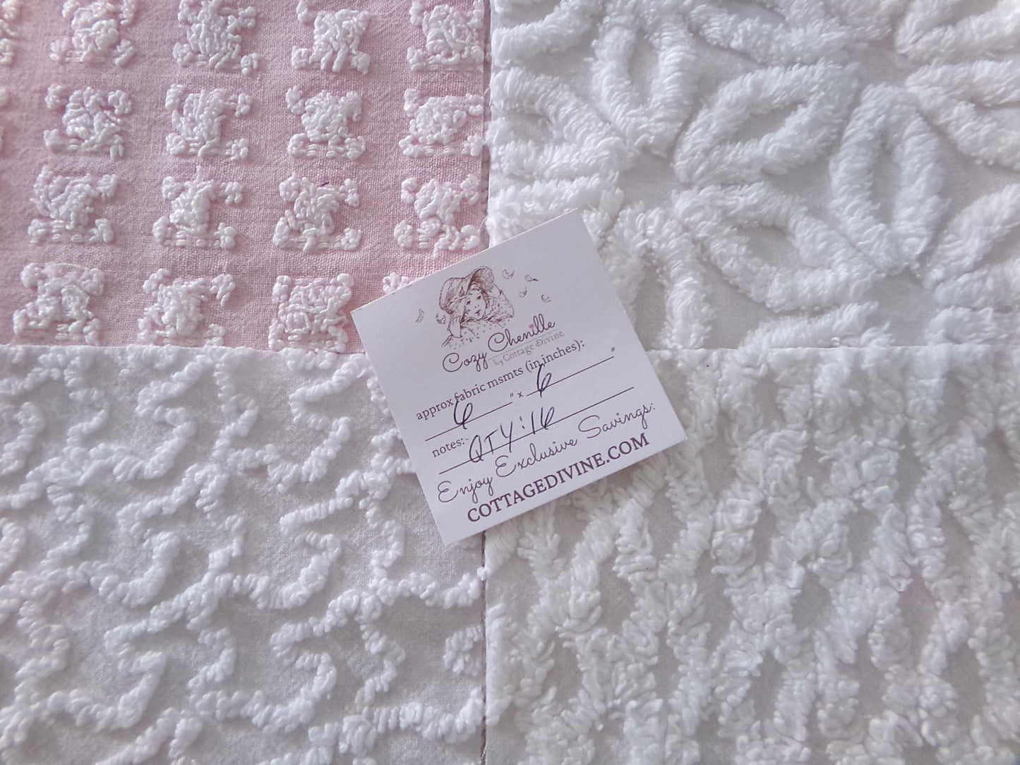 angel wings chenille fabric squares, pink & white rosebud, lattice, dots, squiggles, vintage square set of 16 quilt blocks, 6" x 6" inch